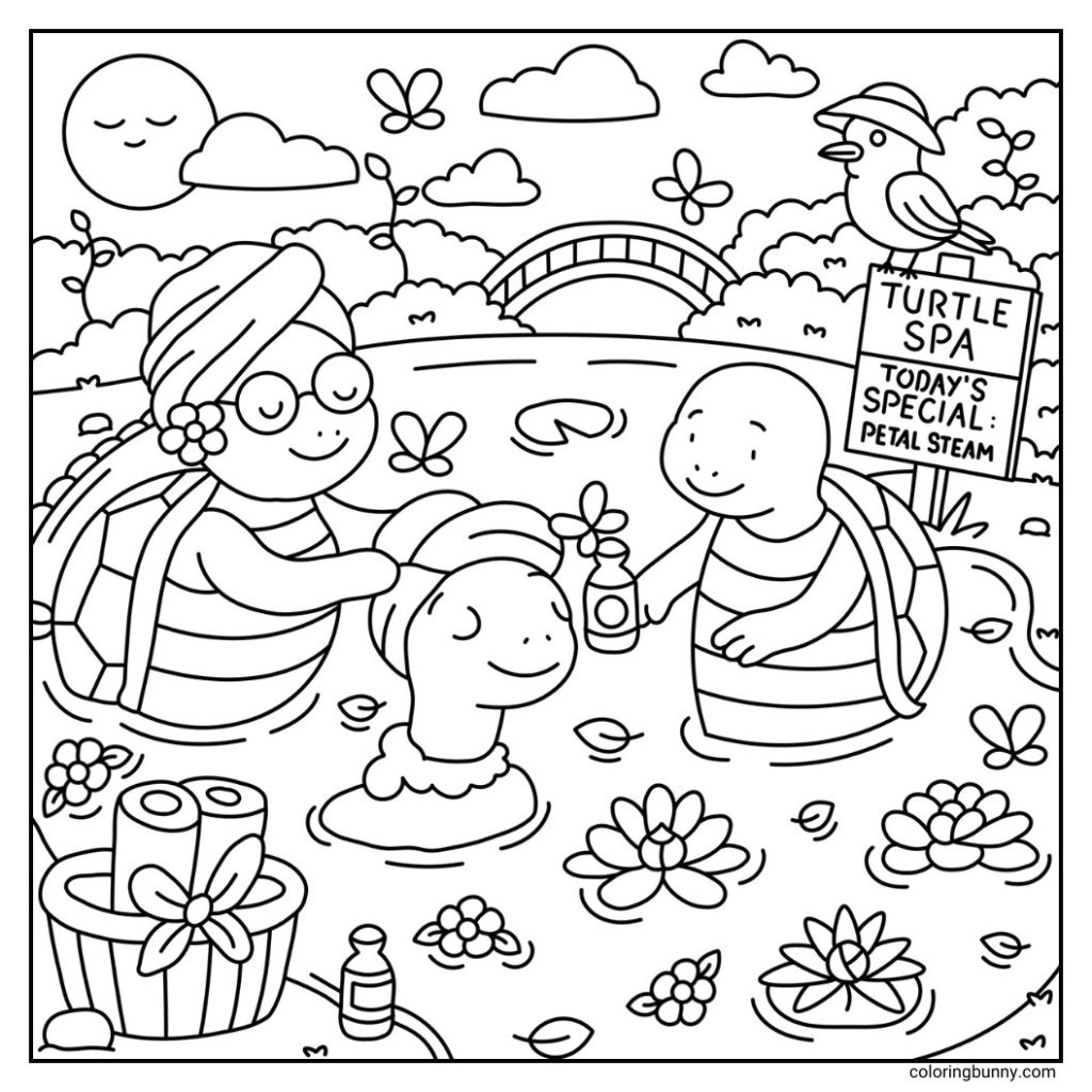 A hand-drawn cozy coloring page of a turtle spa. One turtle relaxes in a petal steam treatment while another prepares and passes the floral mixture. Towels, flowers, and gentle spring decorations complete the tranquil setting.