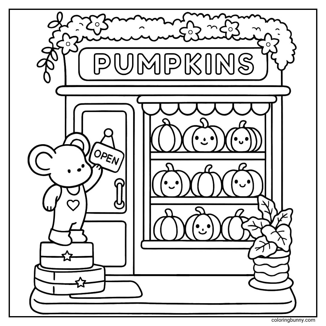 Cozy fall coloring page shows a bear opening his pumpkin shop, with shelves full of smiling pumpkins, flowers on the roof, a big discount sign, and a potted plant by the door.