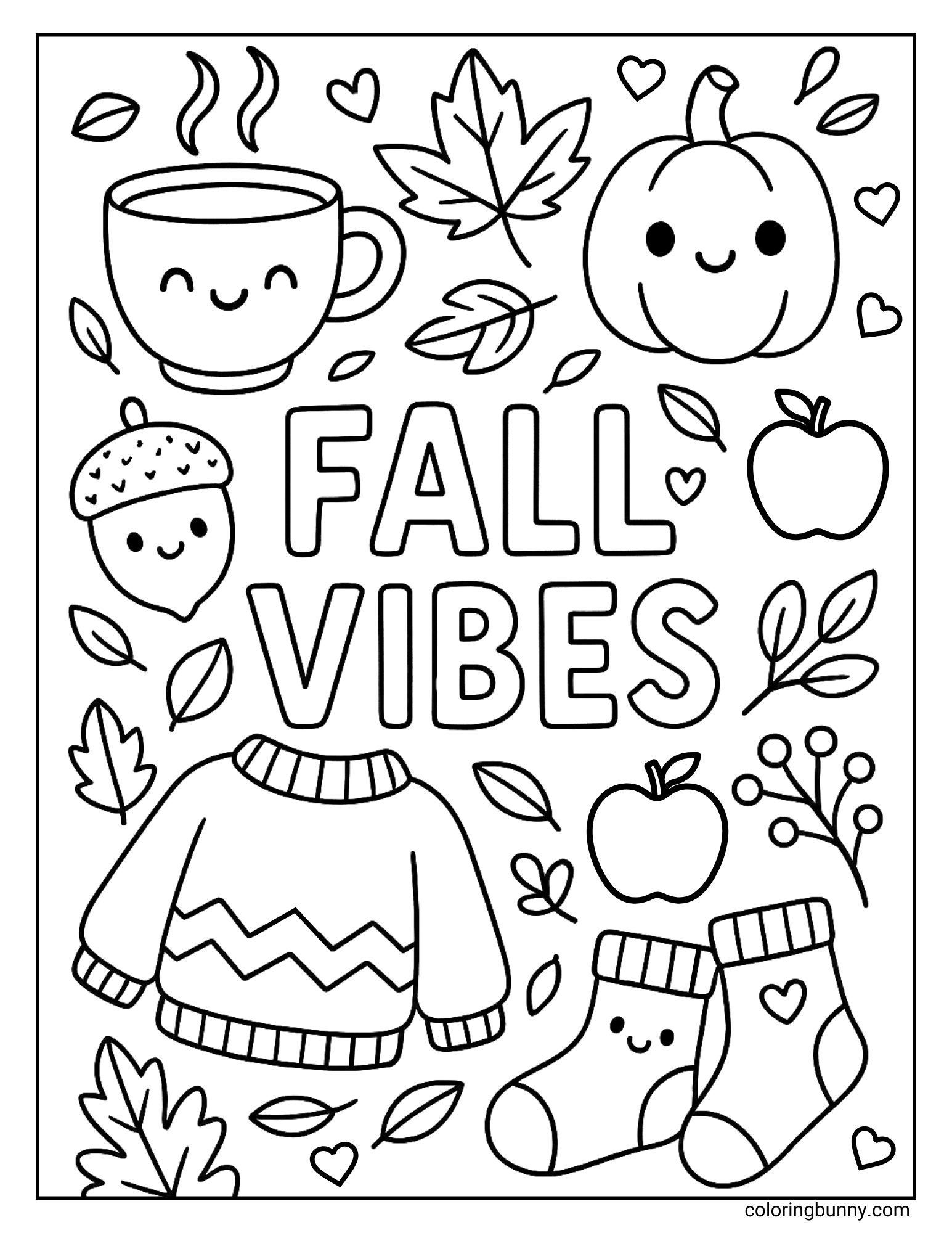 Black and white fall coloring page with the words "Fall Vibes," featuring smiling autumn items like a pumpkin, cup of cocoa, sweater, socks, apple, acorn, and falling leaves.