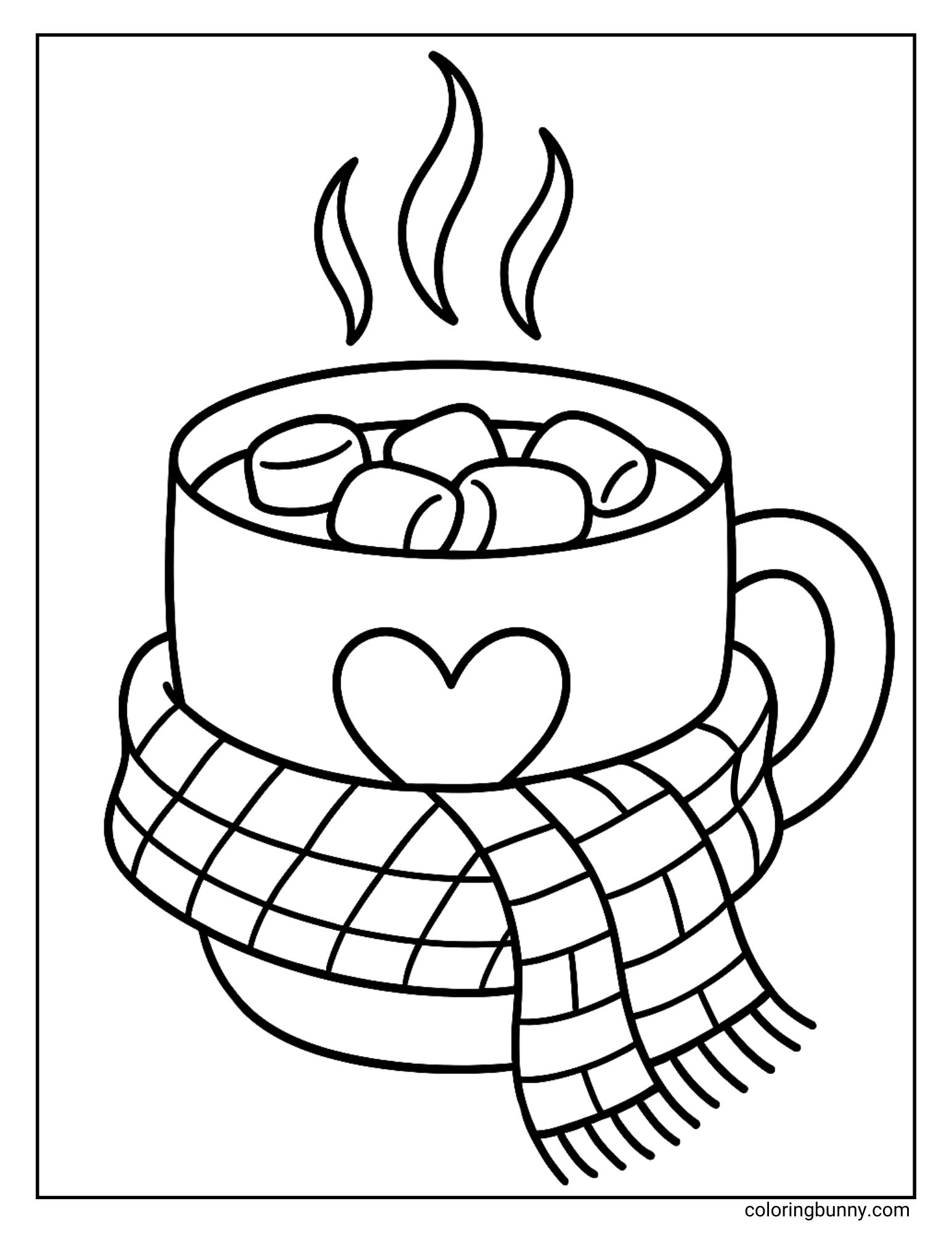 Cute coloring page of a steaming mug with a heart design, filled with marshmallows and wrapped in a cozy scarf.
