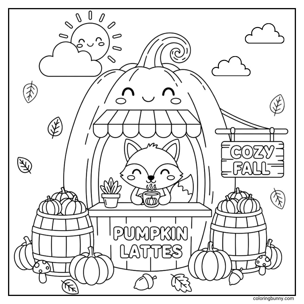 Fall coloring page shows a fox at his own pumpkin latte shop built inside a giant smiling pumpkin, with barrels of pumpkins, acorns, mushrooms, and drifting leaves beneath a cheerful autumn sky.