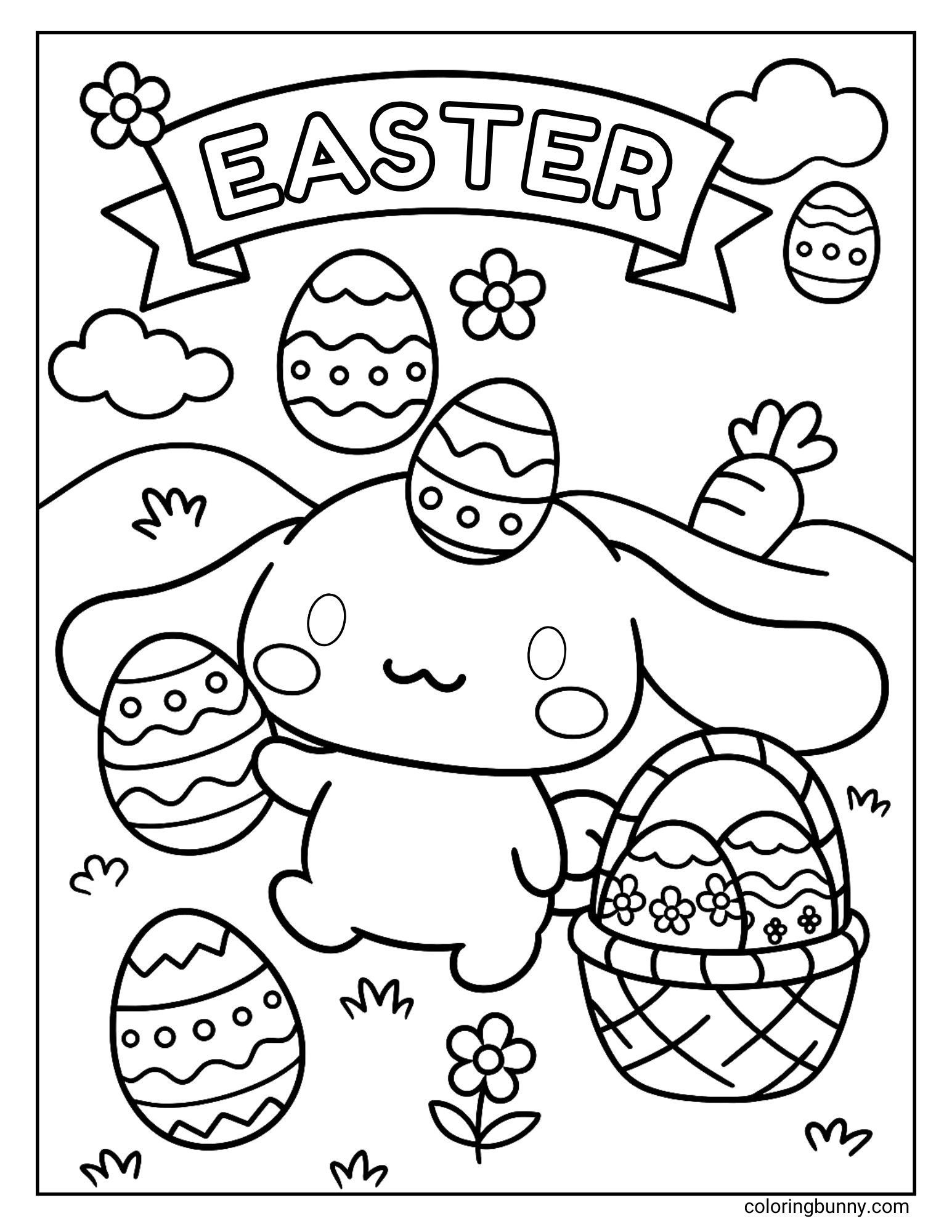 Cinnamoroll Easter coloring page featuring the Sanrio puppy holding a decorated egg beside a woven basket filled with more patterned eggs. The festive scene includes a large banner reading “Easter,” blooming flowers, rolling hills, fluffy clouds, and a carrot peeking from the ground.