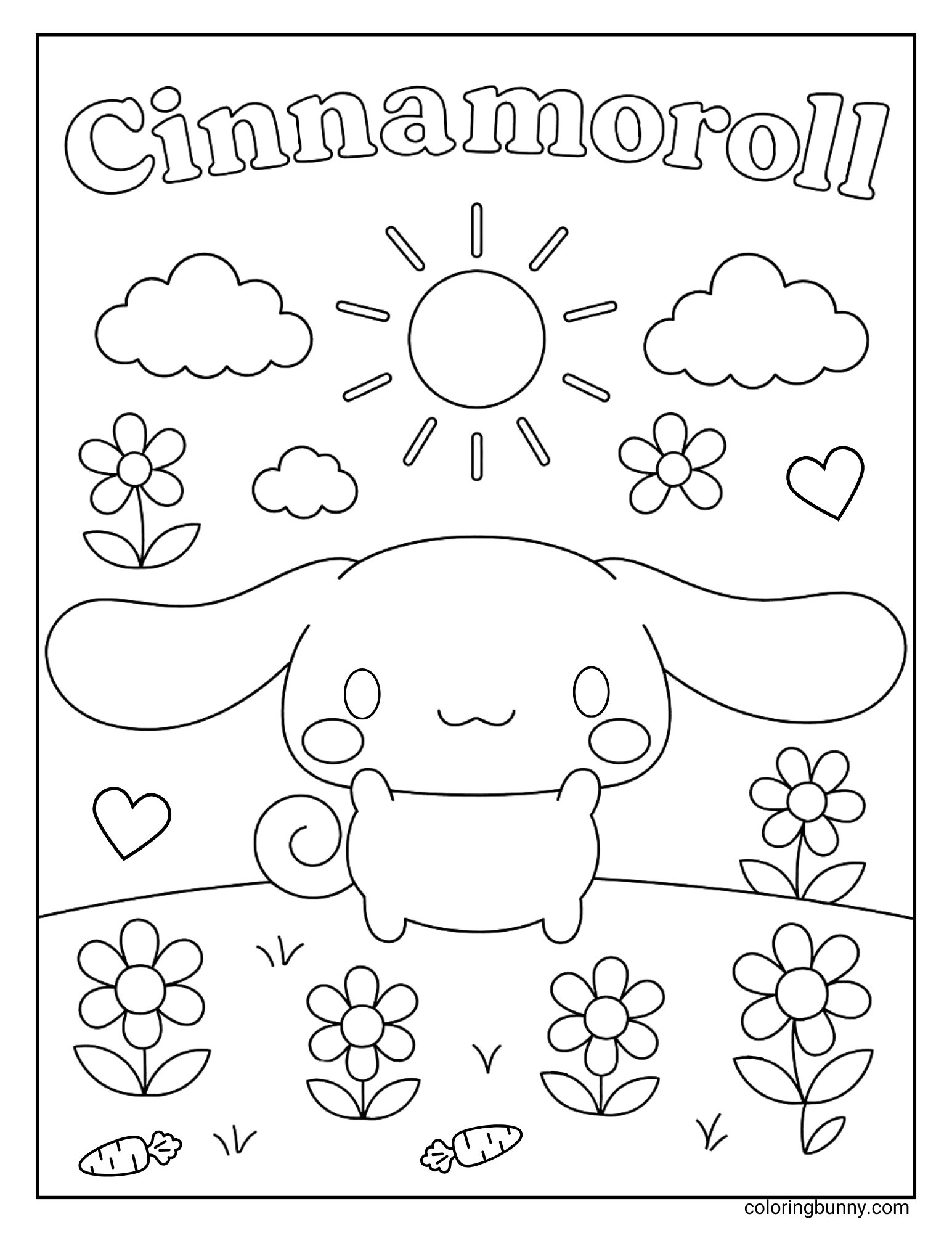 Cinnamoroll coloring page showing the Sanrio puppy standing in a meadow filled with flowers, hearts, and little carrots on the grass. The sun shines overhead with fluffy clouds in the sky, creating a cheerful outdoor scene.