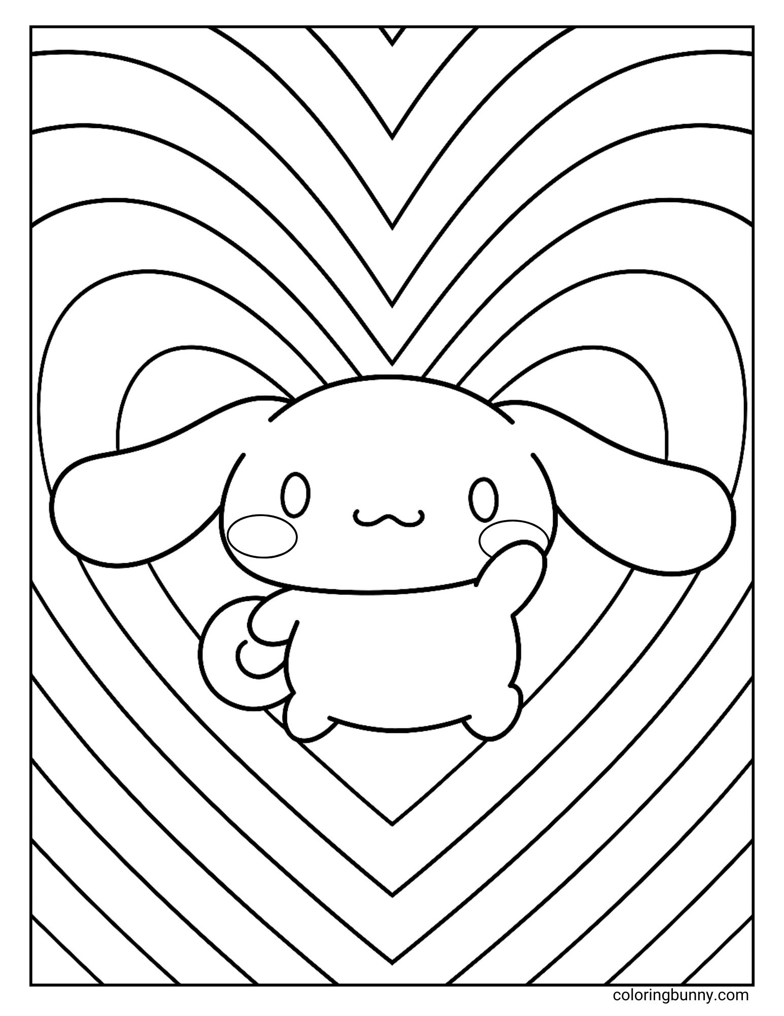 Fun Cinnamoroll coloring page featuring the Sanrio puppy against a background of large layered heart patterns.