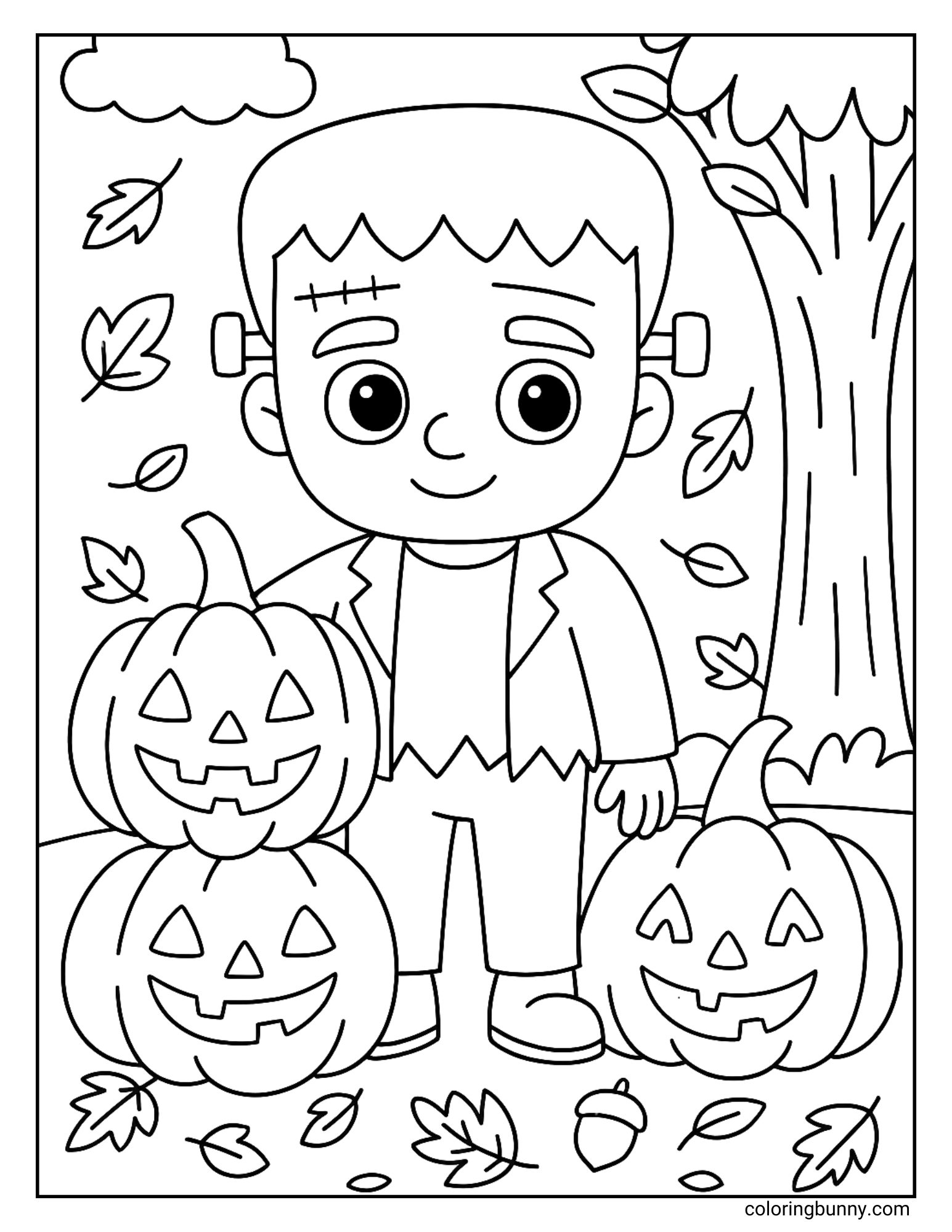 Cute Frankenstein standing with Jack o’ lantern pumpkins and falling leaves in a Halloween coloring page.
