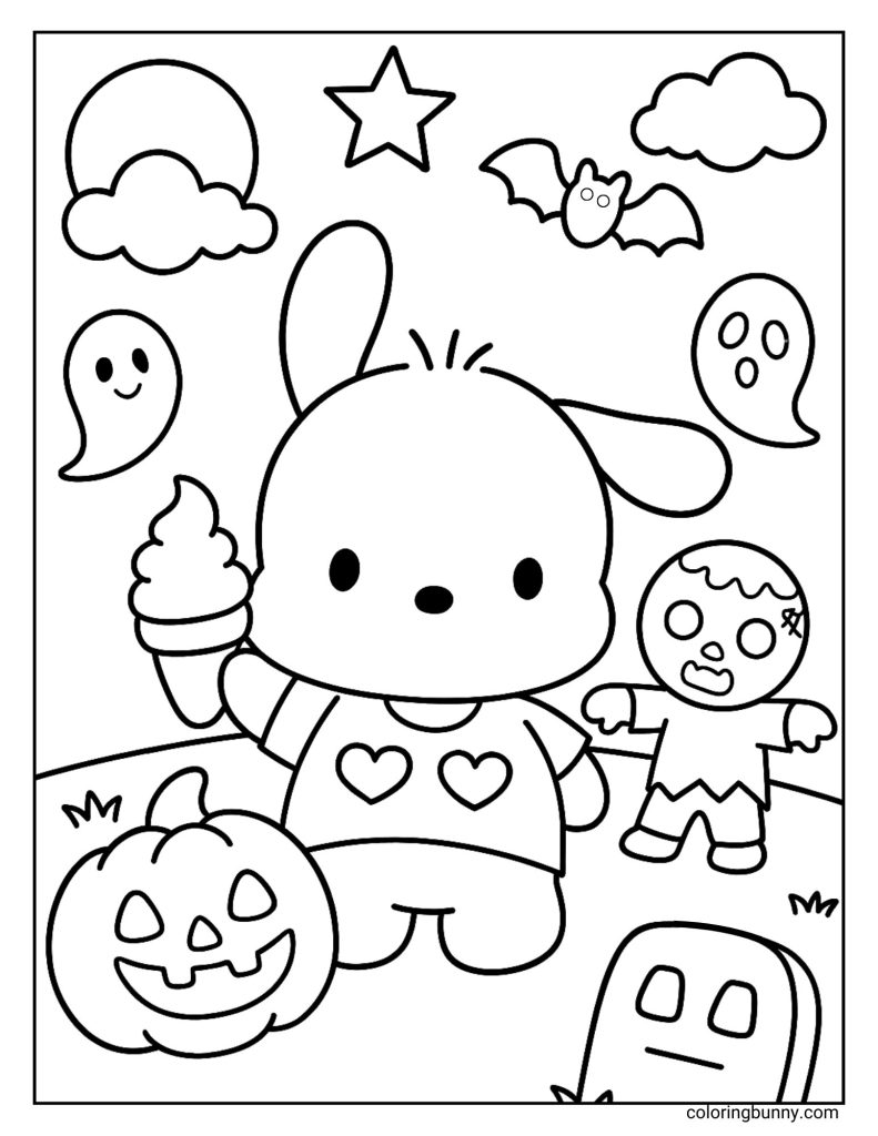 A Pochacco Halloween coloring page featuring the Sanrio pup holding an ice cream cone. Around him are jack-o’-lanterns, floating ghosts, a bat, a tombstone, and a playful zombie character.
