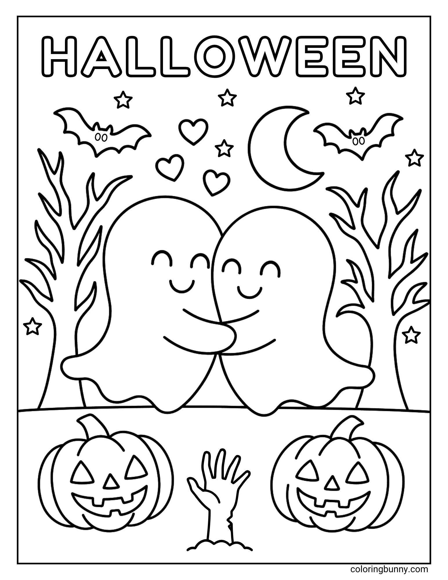 Two cute ghosts hugging under the moon with pumpkins, bats, and trees in the background, Halloween coloring page.