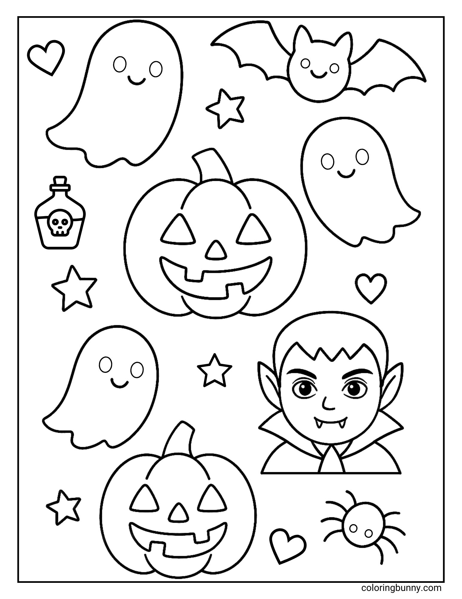 Halloween coloring page with pumpkins, ghosts, a vampire, bat, spider, potion bottle, stars, and hearts.