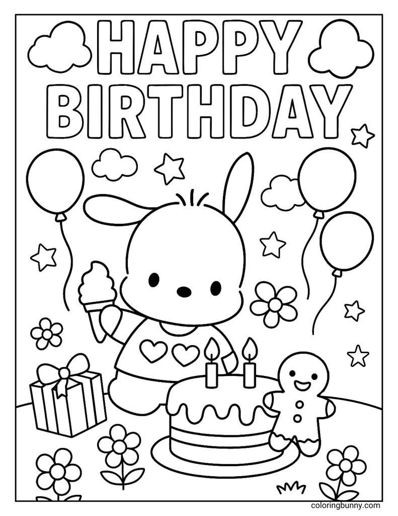 A Pochacco birthday coloring page showing the Sanrio pup celebrating with balloons, presents, and a big frosted cake topped with candles. Pochacco holds an ice cream cone while a smiling gingerbread cookie stands beside the cake. Flowers, stars, and clouds fill the background,