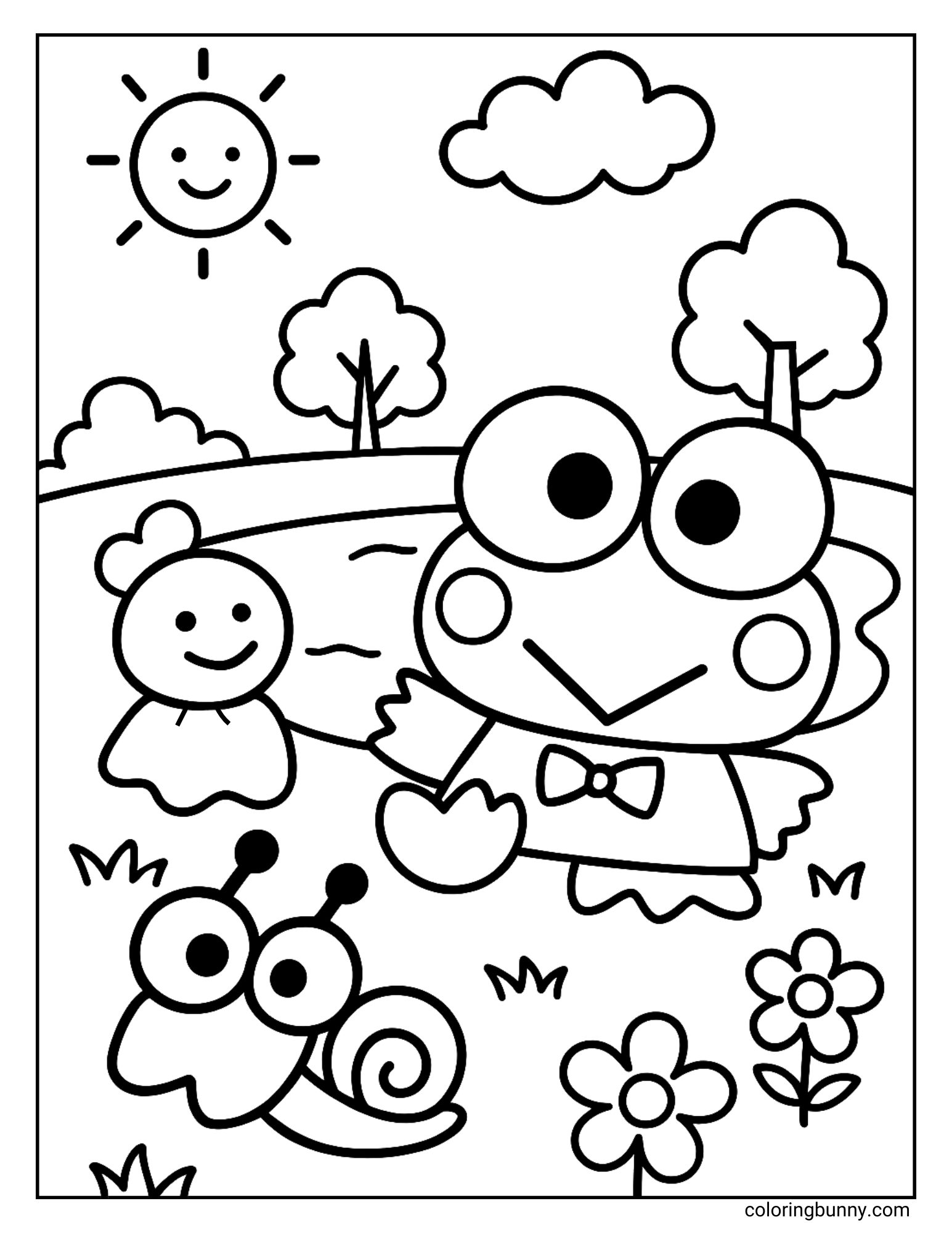 Coloring page of Keroppi standing with his friends Den Den and Teru Teru by a pond. They are in a field with flowers and trees, under a smiling sun and fluffy clouds.