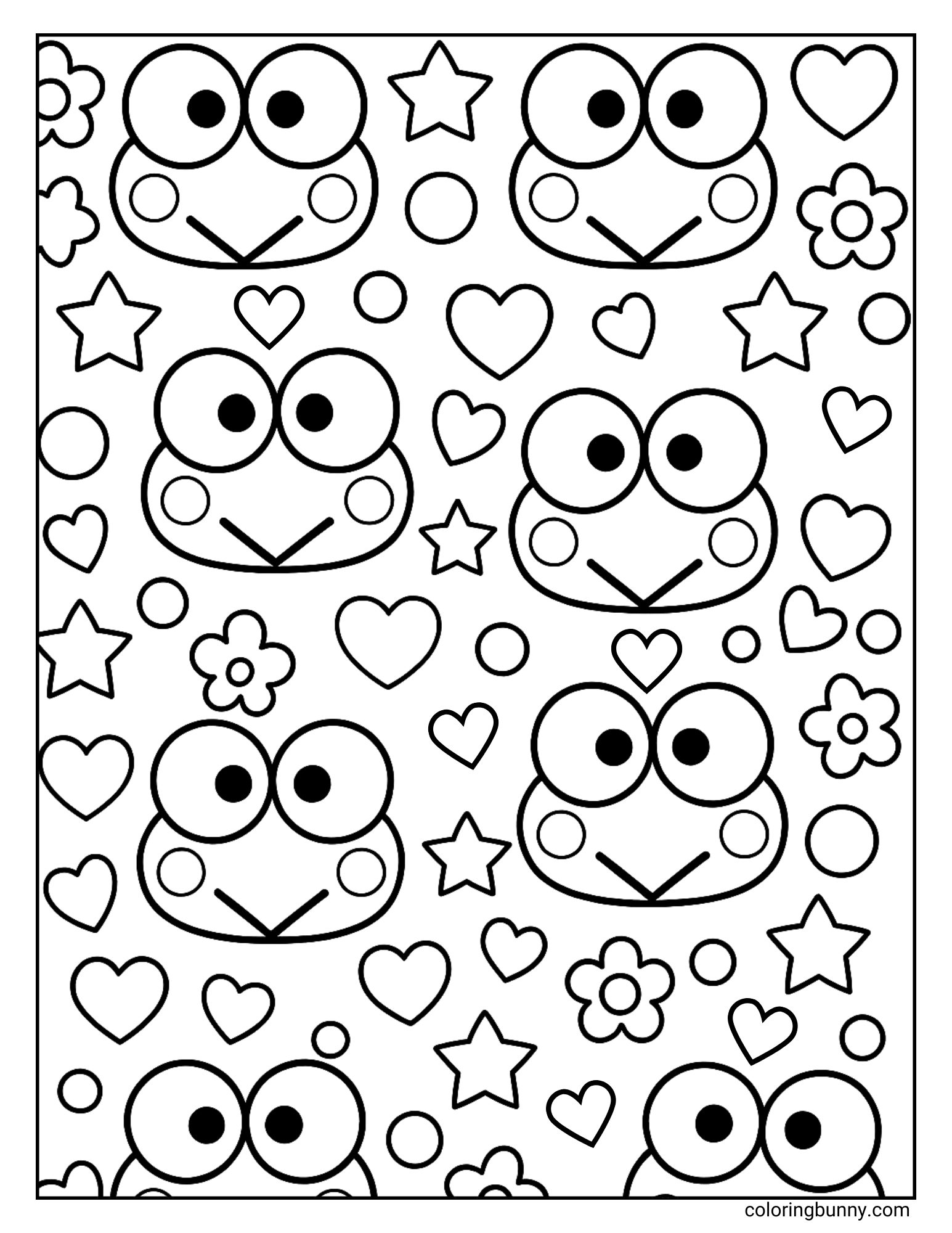 A colouring page featuring a repeating pattern of Keroppi's head, with hearts, flowers, and stars all around.
