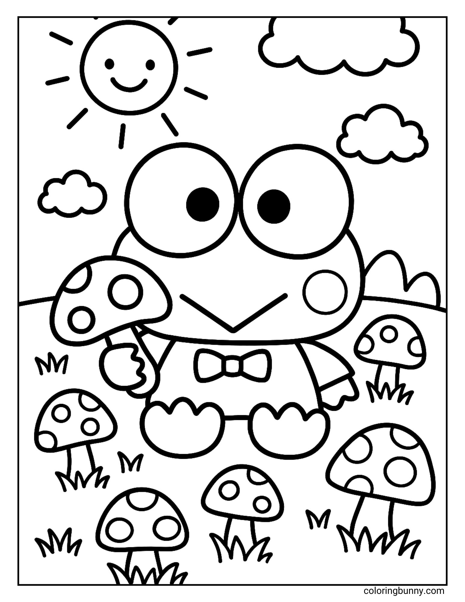 Keroppi coloring page of him holding a mushroom in a field with many other mushrooms. A smiling sun and clouds are in the background.
