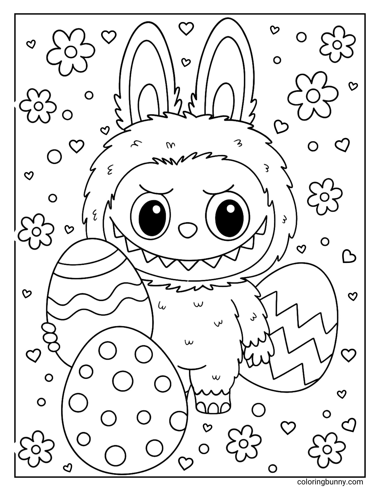 A black and white Labubu coloring page showing Labubu standing among a variety of large decorated Easter eggs with flowers and hearts in the background.