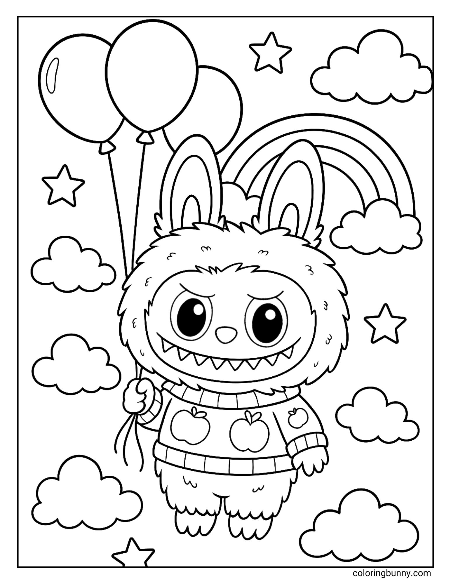 A black and white Labubu coloring page showing Labubu holding three balloons, floating near clouds and a rainbow.