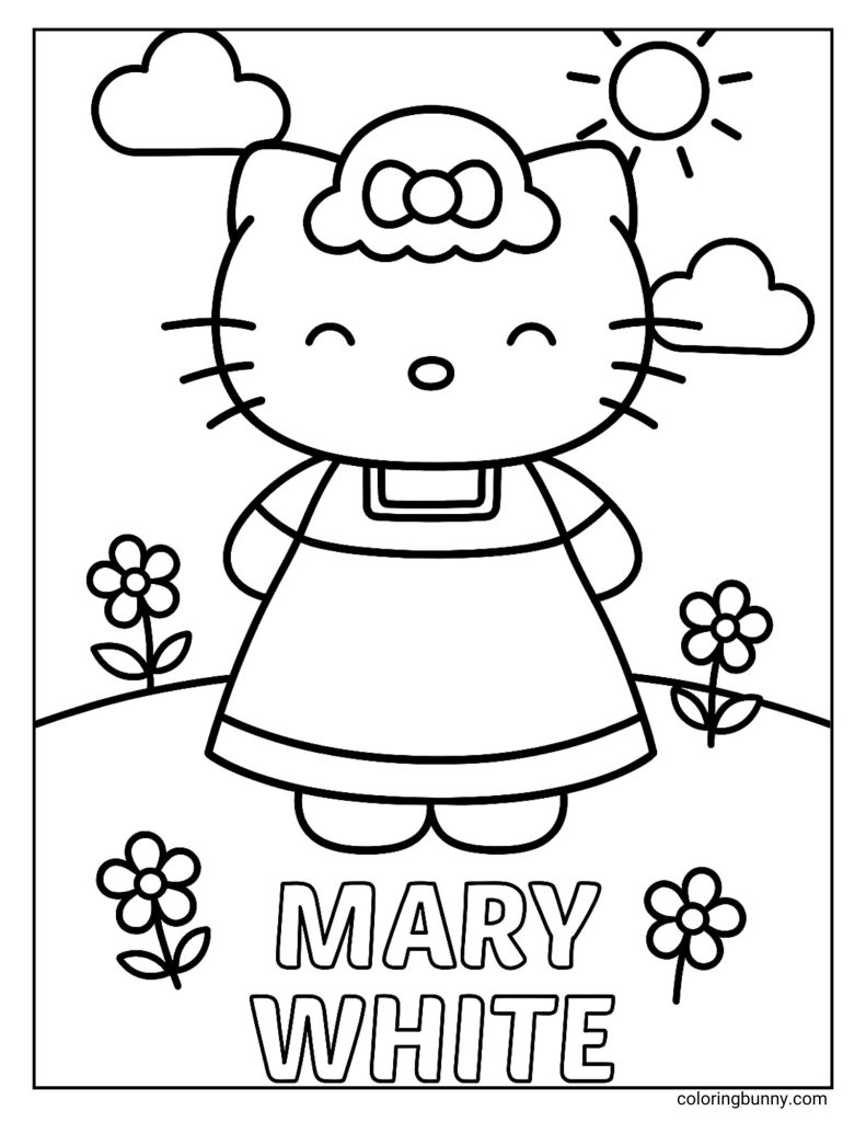 Coloring page featuring Mary White standing in a sunny garden, dressed in her simple apron and bow. Flowers grow around her, with clouds drifting in the sky, creating a warm and cheerful family portrait for coloring fun.