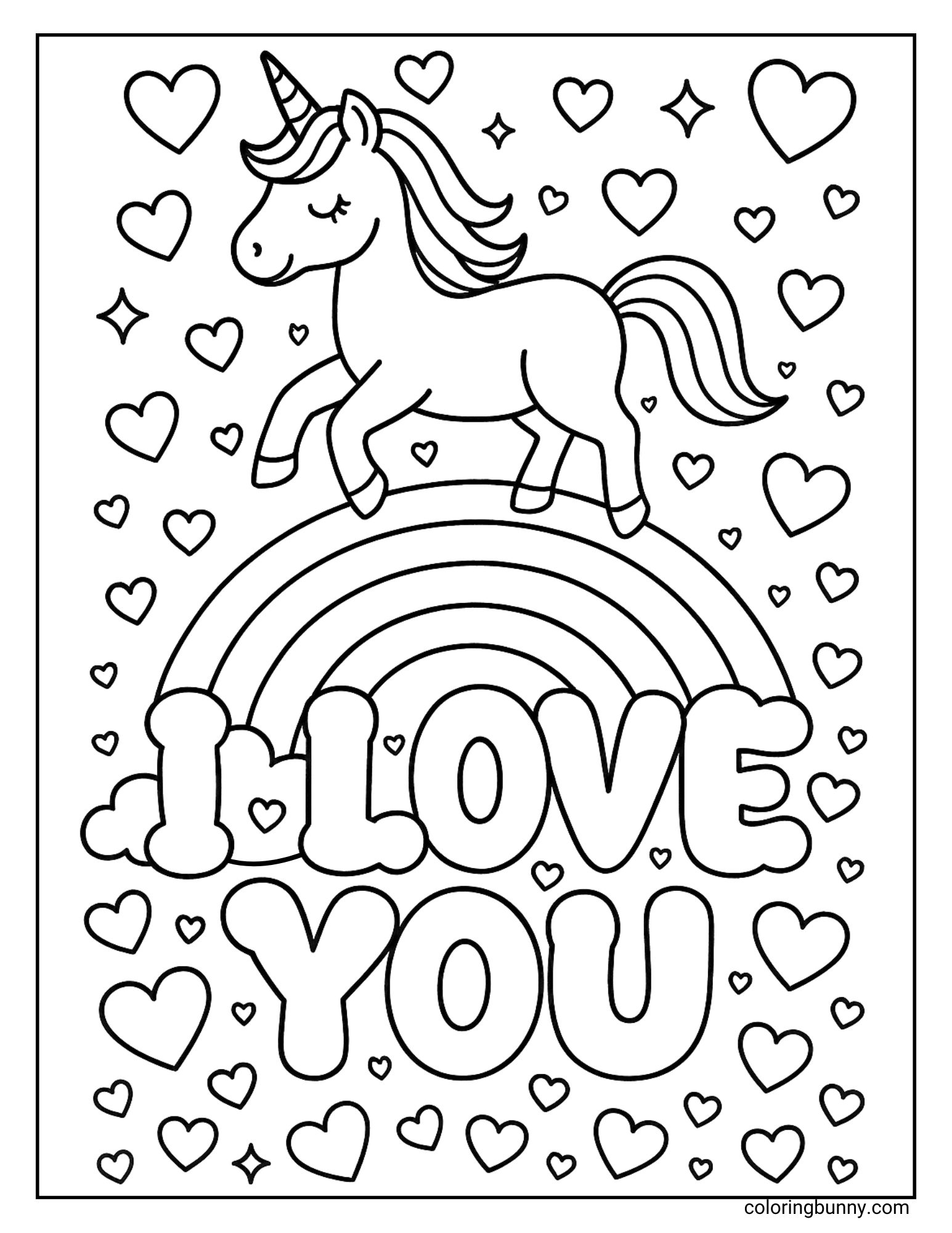An I Love You coloring page with a unicorn standing on top of a rainbow, surrounded by floating hearts and twinkling stars. The big bubble letters I Love You sit beneath the rainbow.