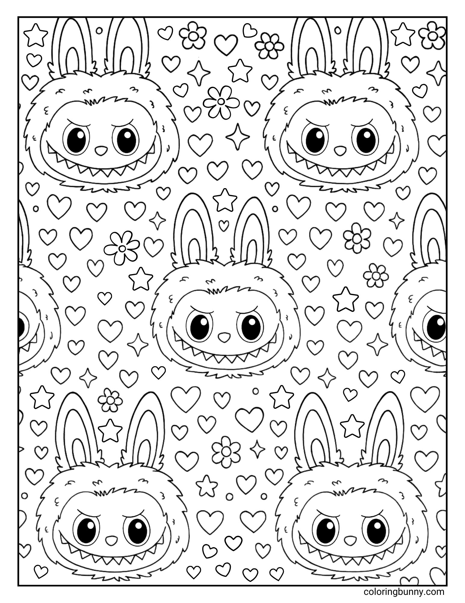 A black and white Labubu coloring page with a repeating pattern of Labubu's face, hearts, stars, and flowers.
