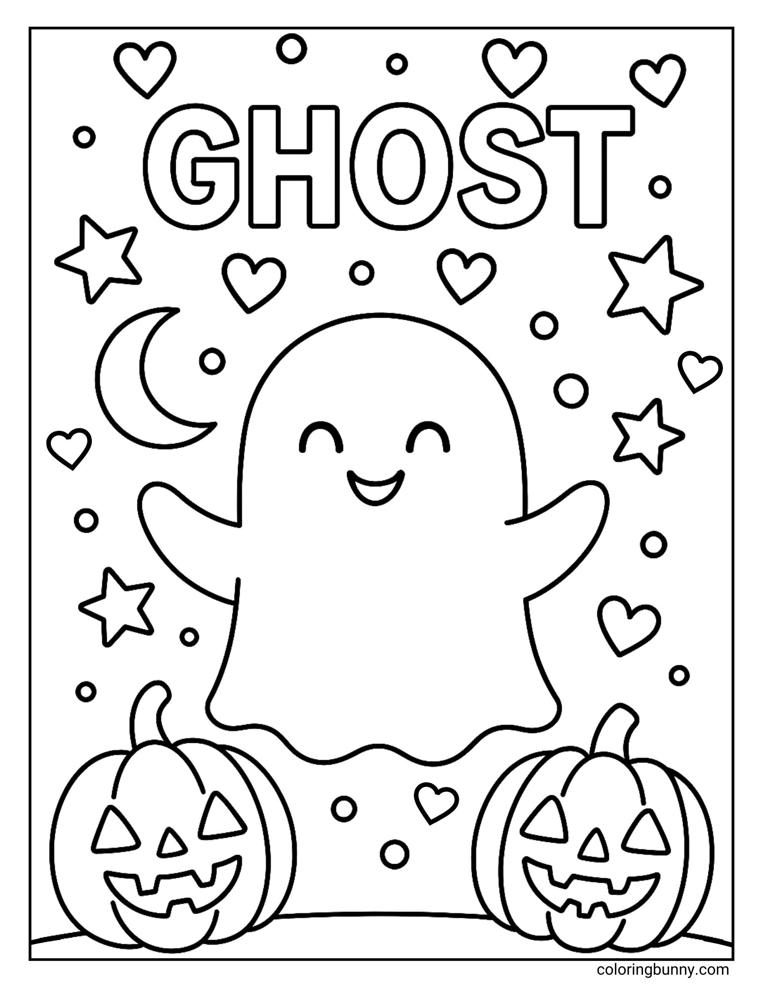 A very cheerful Halloween coloring sheet with the word 'GHOST' at the top. The main character is a happy ghost with open arms, floating between two jack-o'-lanterns. The background is filled with festive stars, hearts, and a moon.