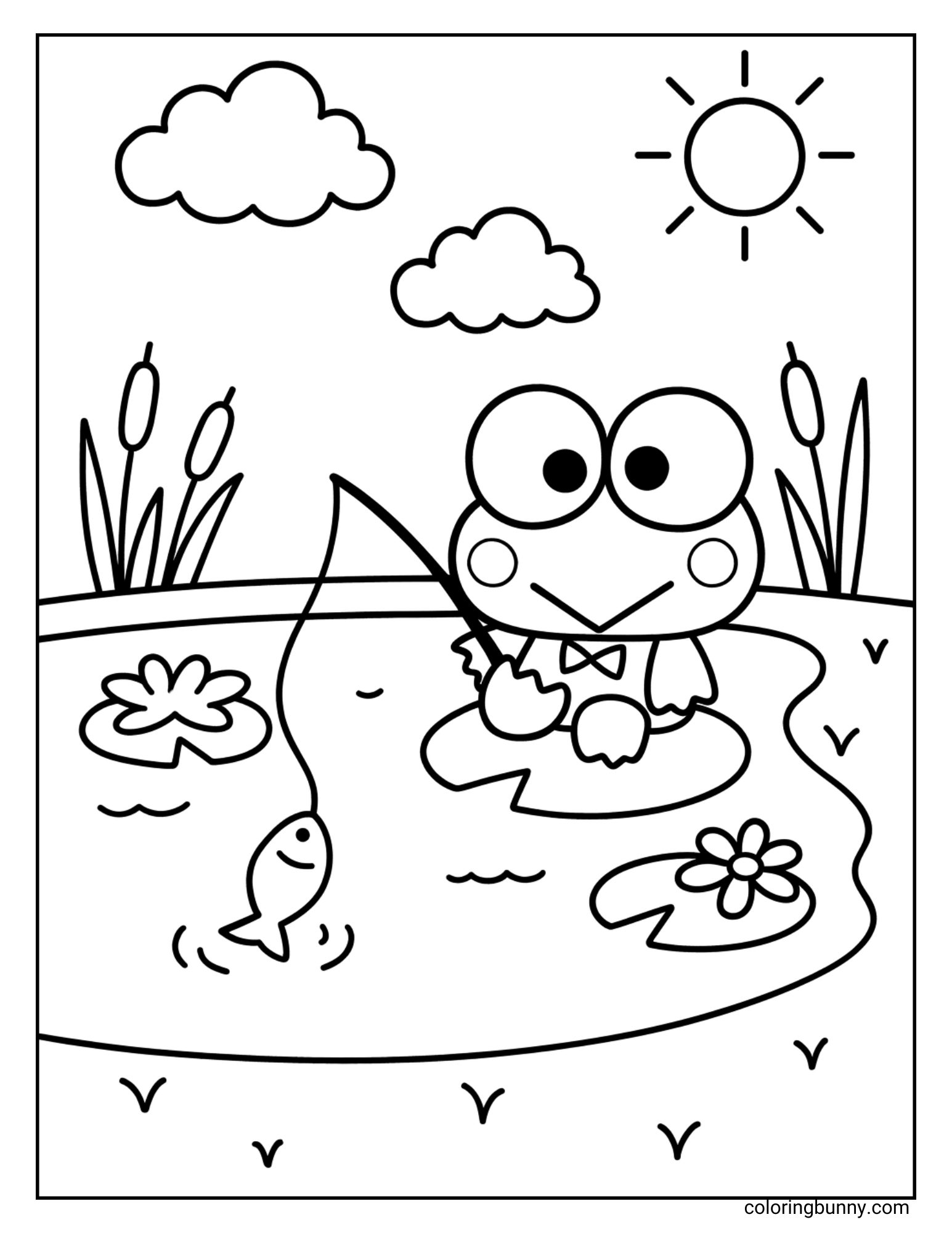 Coloring page of Keroppi sitting on a lily pad and holding a fishing rod with a surprised fish on the line, with a sun and clouds in the background.