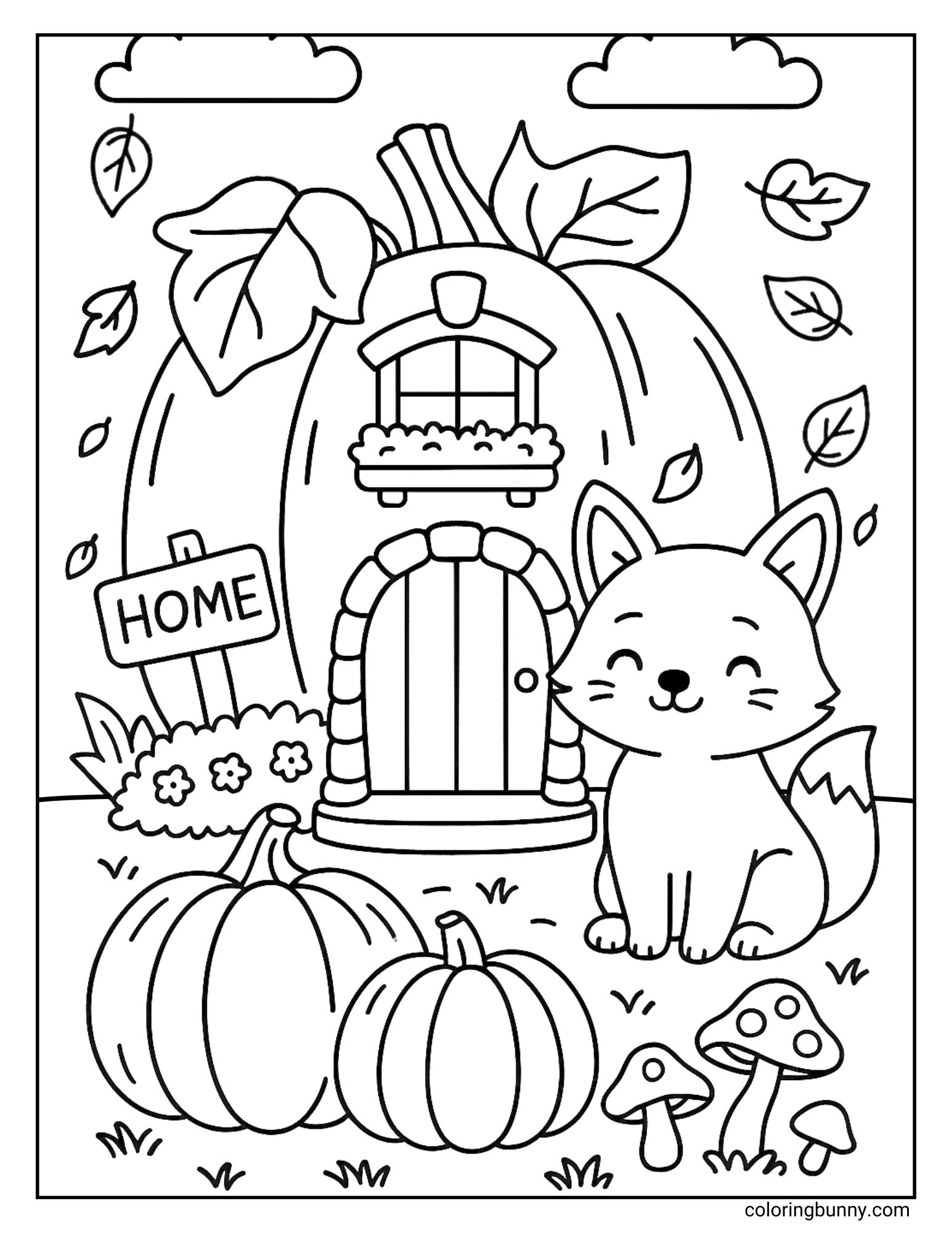 Cute fall coloring page of a smiling fox sitting beside a pumpkin-shaped house, surrounded by mushrooms, pumpkins, flowers, and autumn leaves.