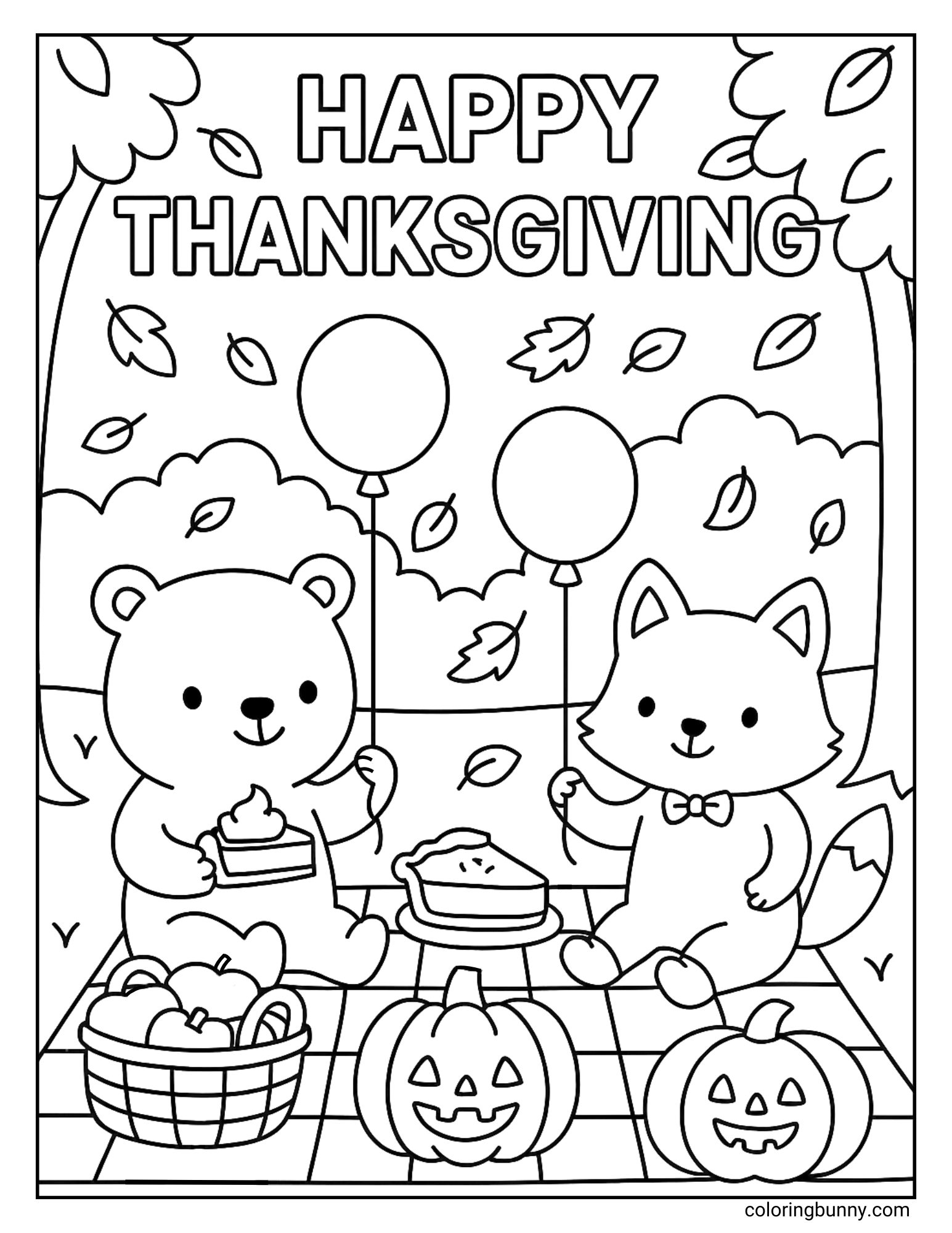A fun coloring page of a Thanksgiving picnic with the words 'Happy Thanksgiving' at the top. A friendly bear and a fox in a bowtie are sharing pie on a blanket, surrounded by pumpkins, balloons, and a basket of apples.