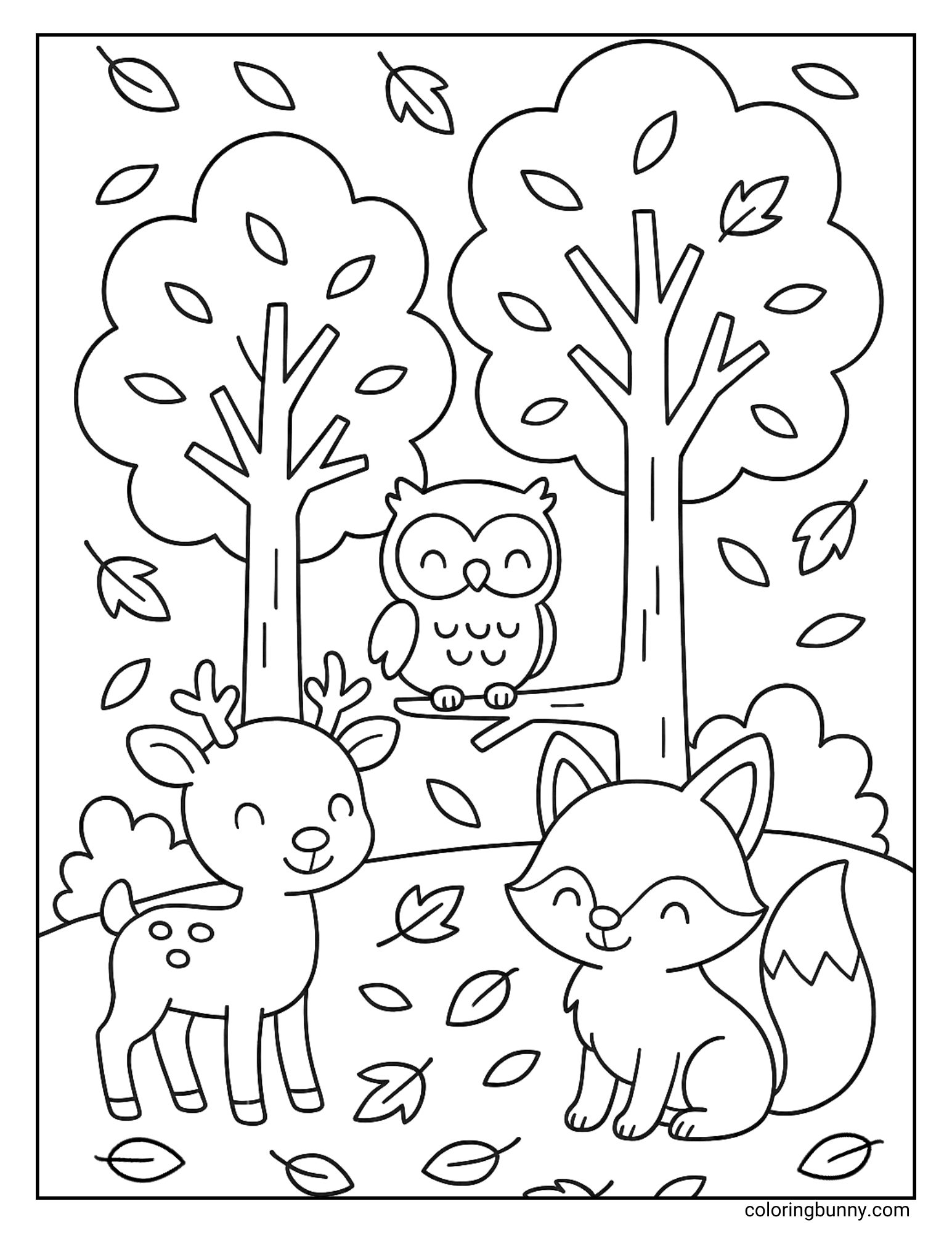 A cute autumn coloring page of a smiling deer, a happy fox, and an owl perched on a tree branch, with falling leaves and tall trees in the background, creating a fun woodland scene for kids to color.