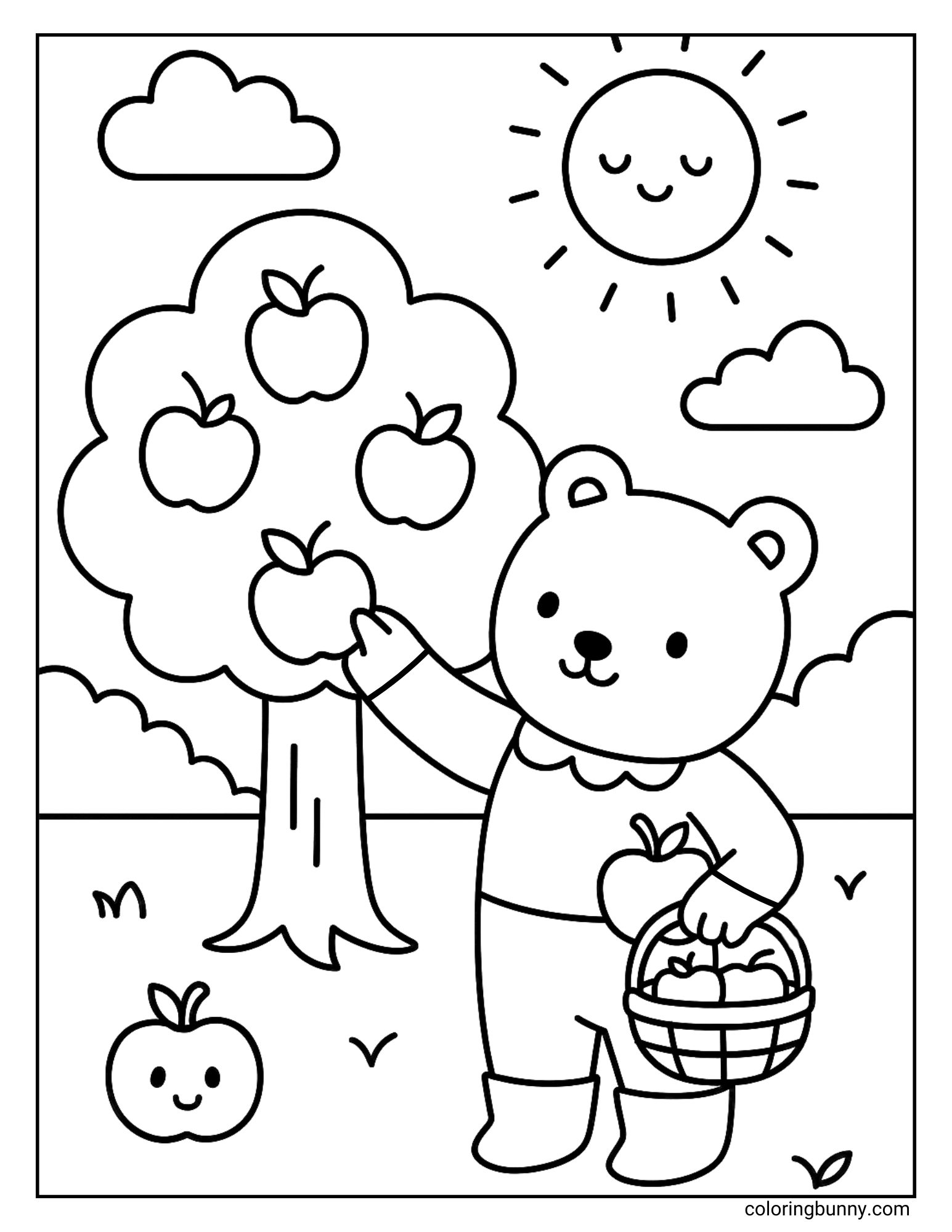 A happy bear in a sweater is picking apples from a tree in this charming autumn coloring sheet. The bear holds a full basket while a smiling sun shines in the sky and a cute apple sits on the ground.
