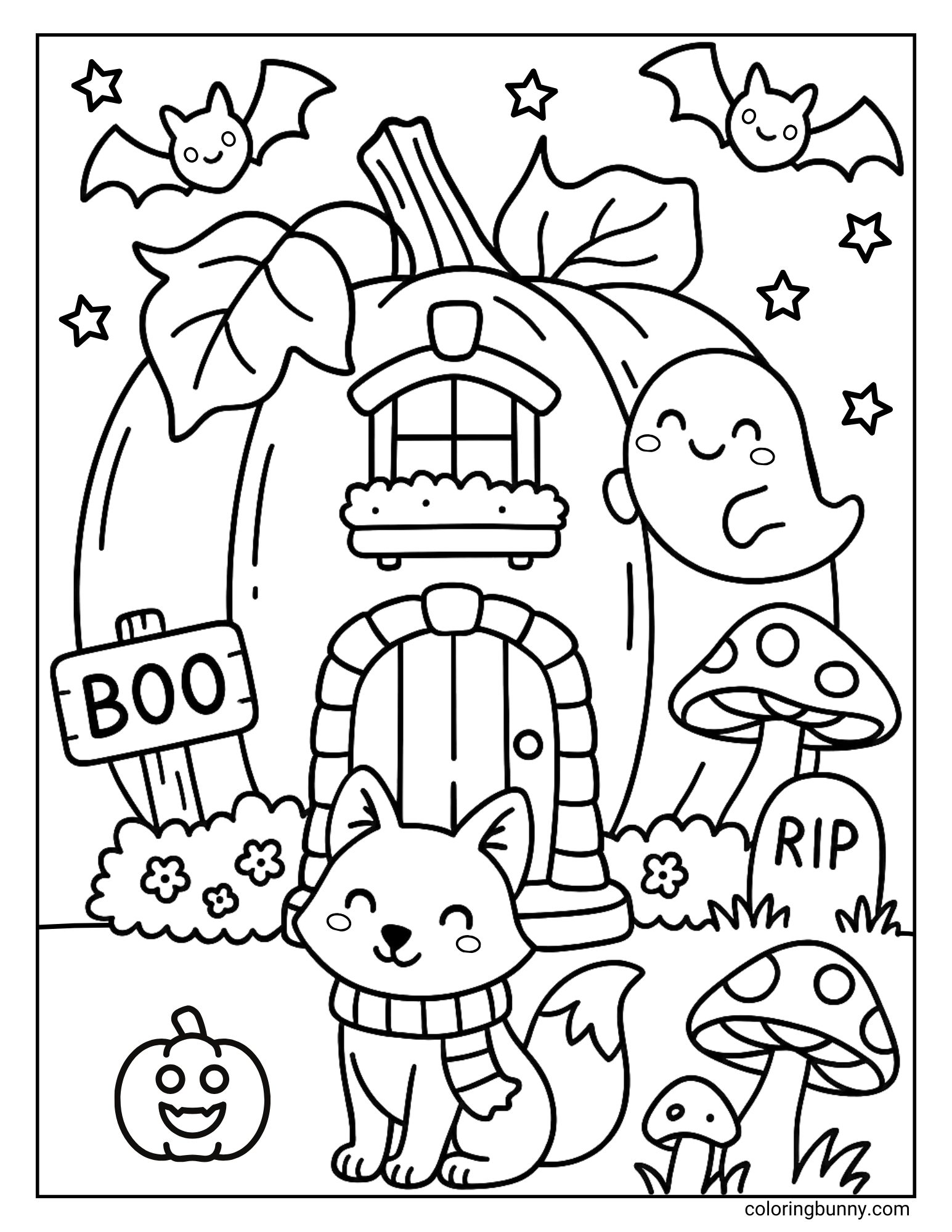 Cute Halloween pumpkin house with a fox, ghost, bats, mushrooms, and stars in a magical Halloween coloring page.