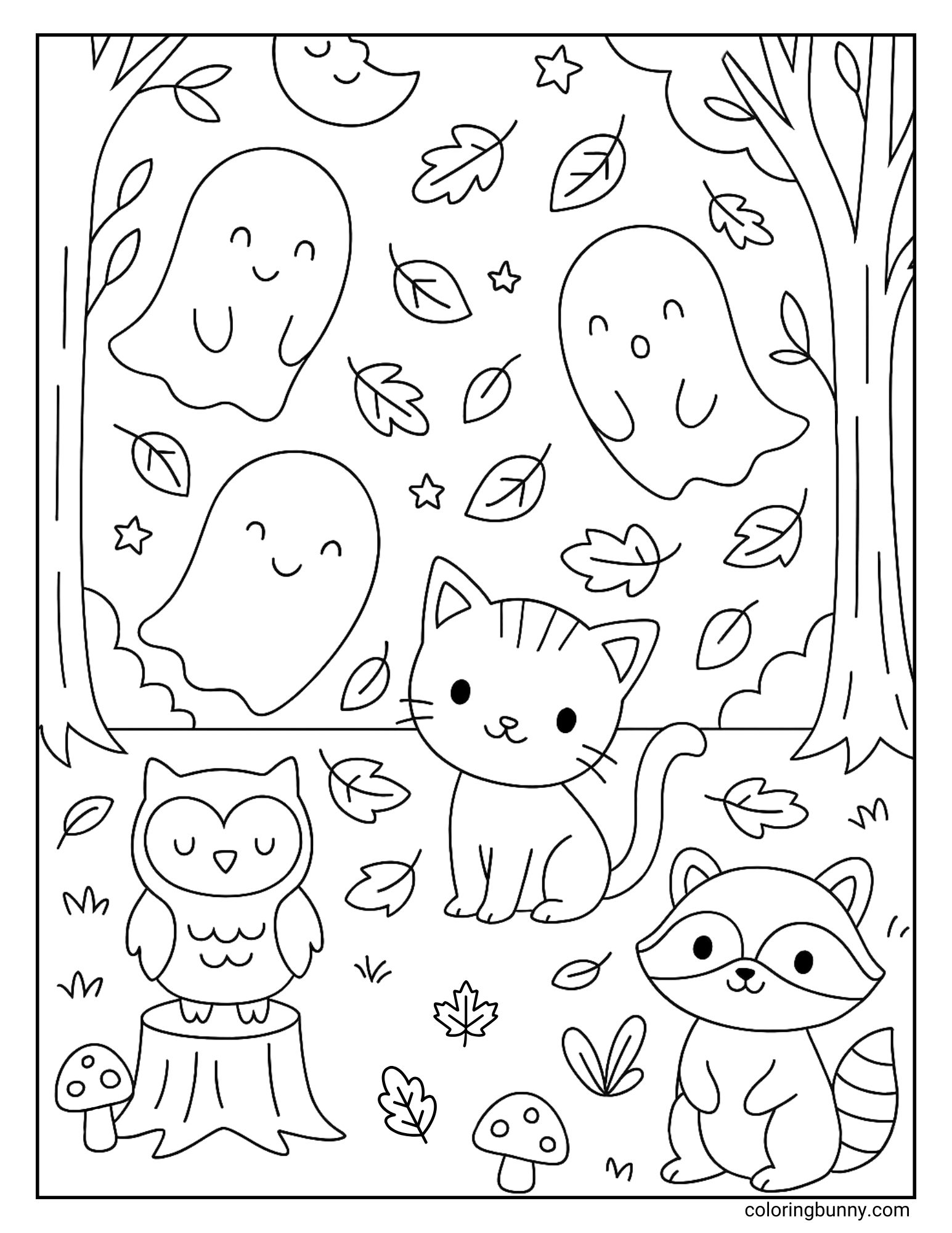 Fall coloring page of a cat, owl, and raccoon in a fall forest with leaves, mushrooms, trees, and three floating ghosts above them.