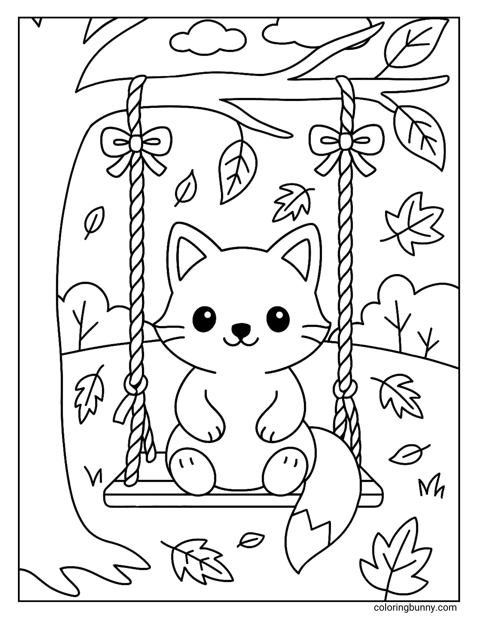 Black and white autumn coloring page of a cute cat sitting on a swing under a tree, surrounded by falling autumn leaves.