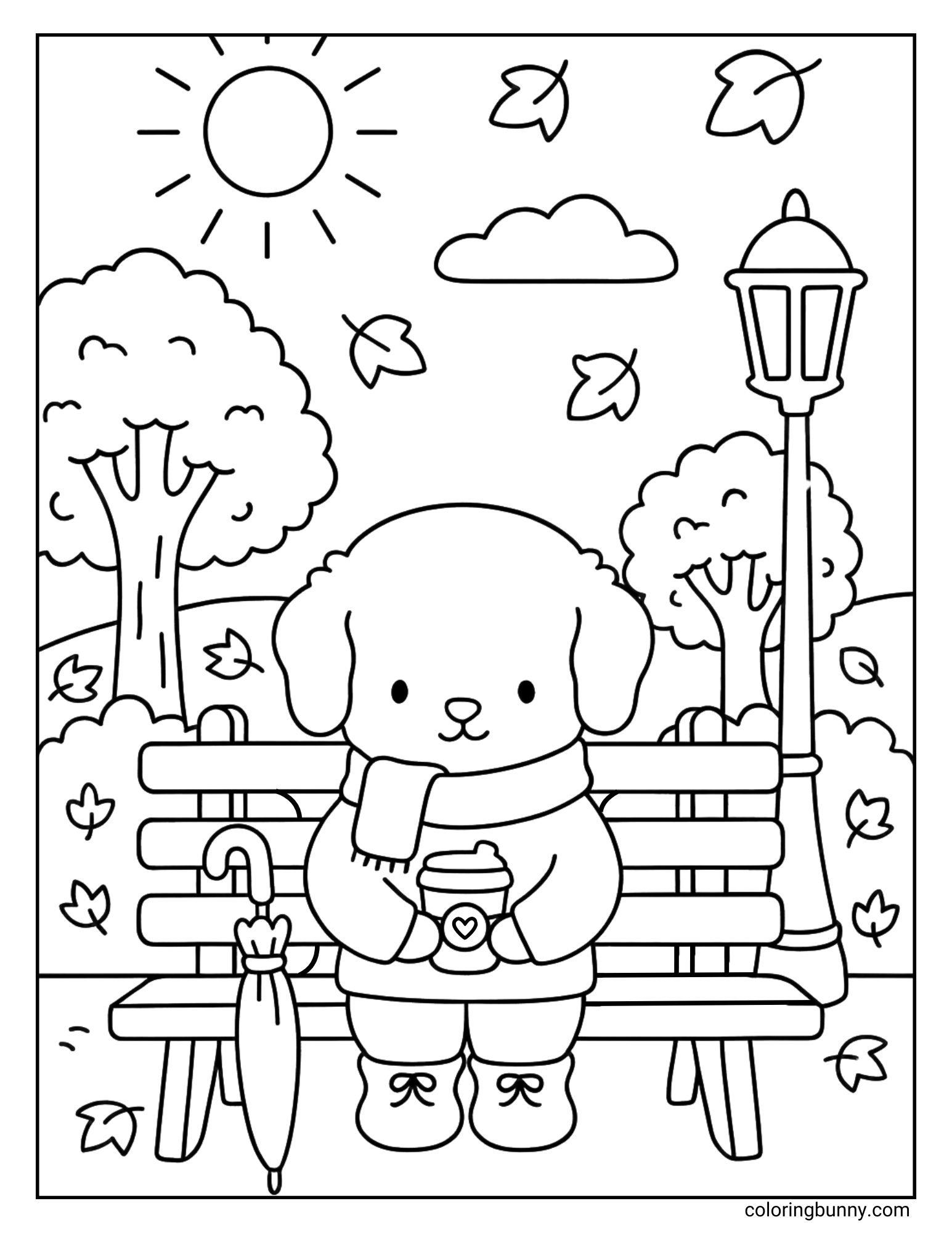 Cute dog wearing a scarf sitting on a park bench with a hot drink and umbrella nearby on a fall day coloring page.