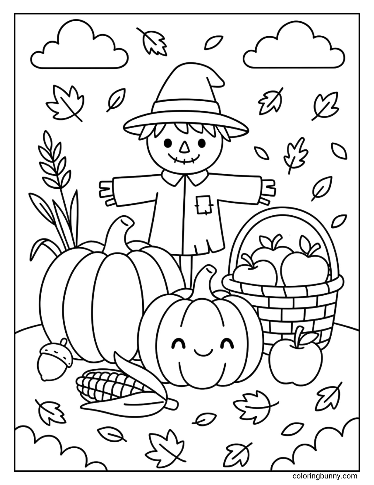 A fun autumn coloring page of a smiling scarecrow standing among pumpkins, corn, apples, and falling leaves, perfect for kids to color and imagine a cozy harvest day.