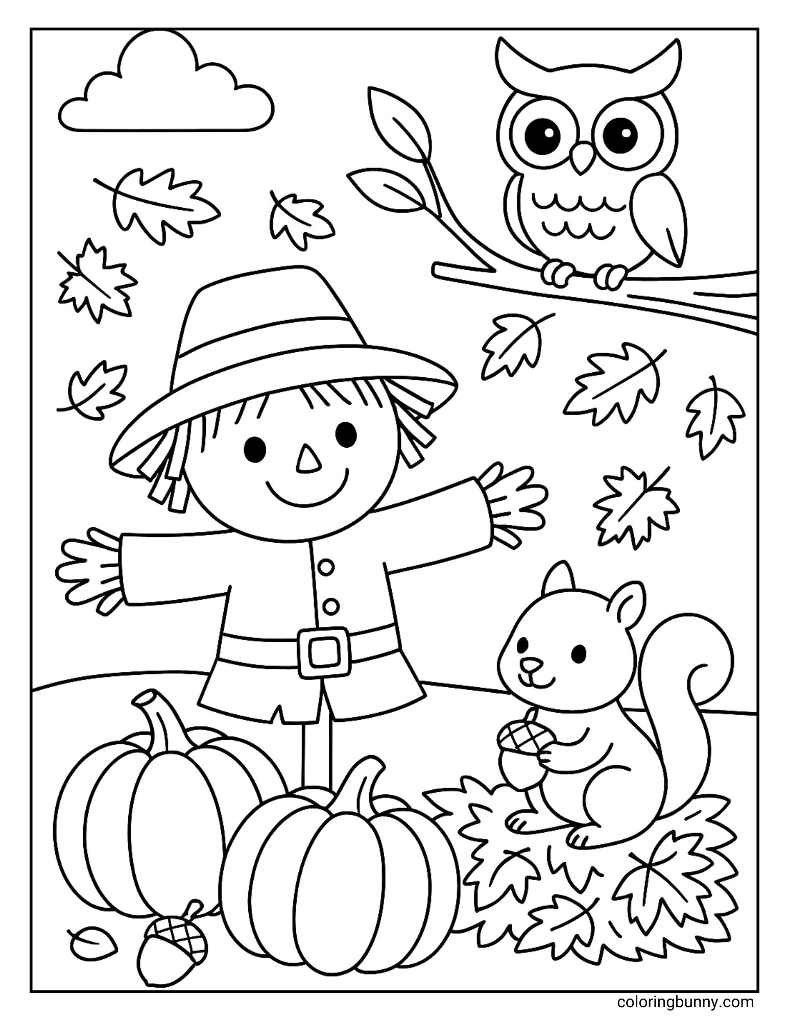 A playful autumn coloring page with a smiling scarecrow, an owl perched on a branch, a squirrel holding an acorn, and pumpkins surrounded by falling leaves, making a lively seasonal scene for kids to enjoy coloring.