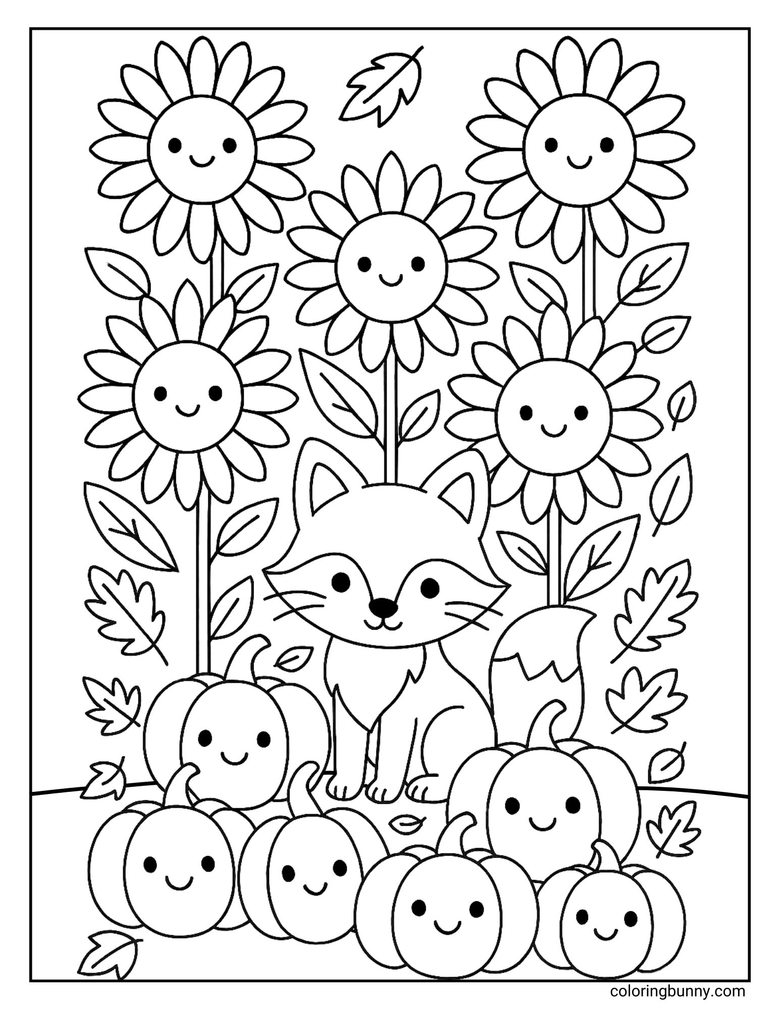 A black and white fall coloring page of a cute fox sitting among smiling pumpkins and sunflowers with autumn leaves.