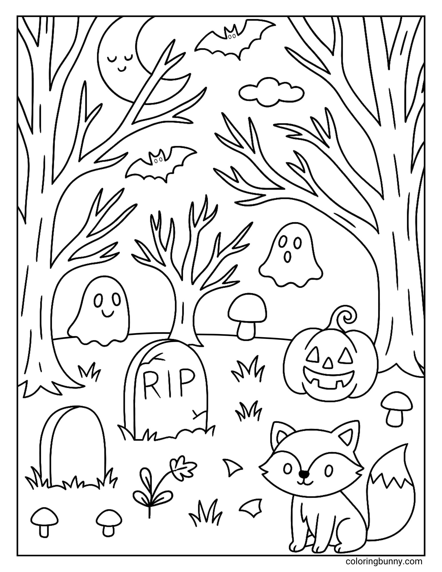 Fall coloring page of a fox in a forest with bare trees, gravestones, mushrooms, a jack-o’-lantern, two ghosts, bats, and the moon in the sky.