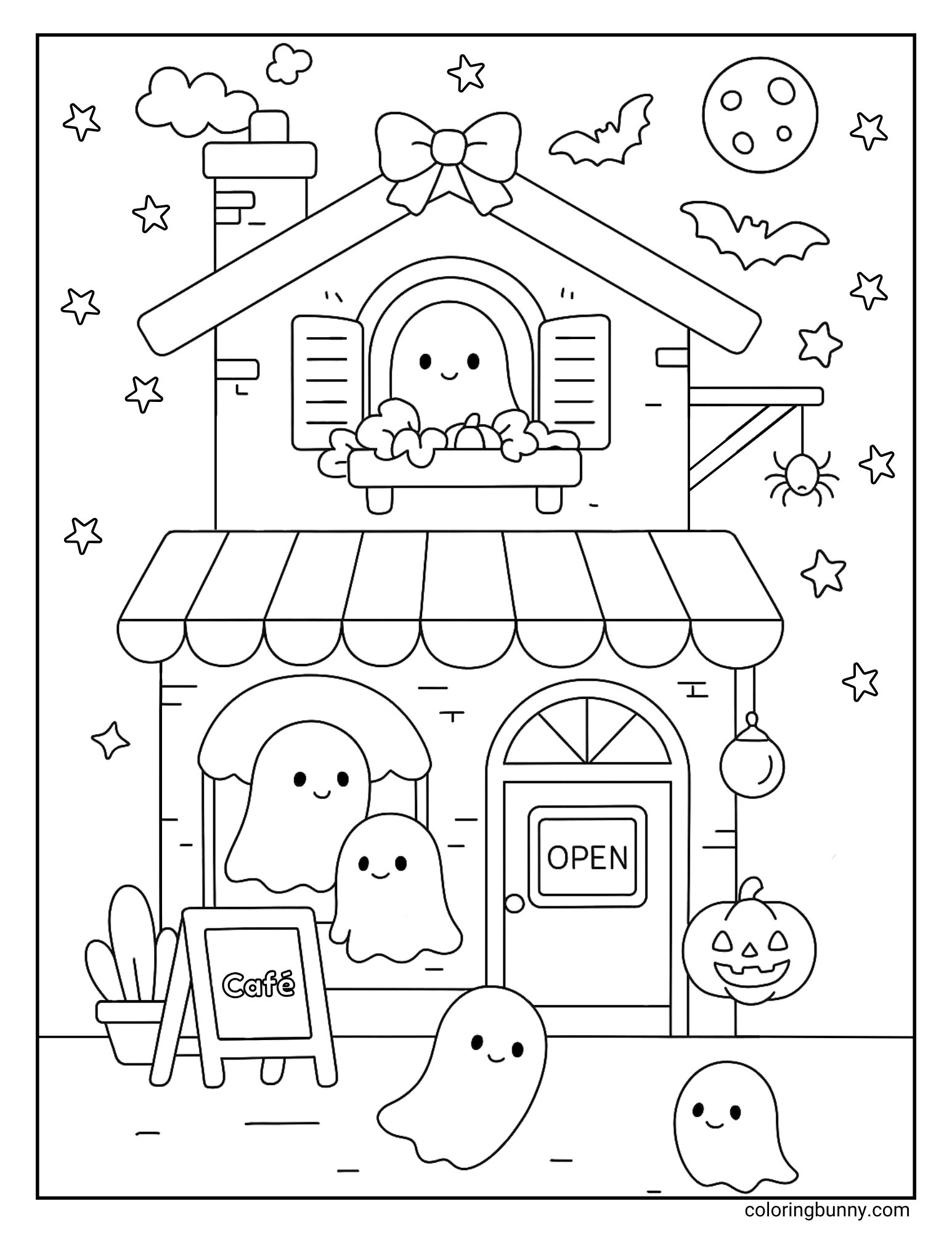 A whimsical Halloween coloring sheet of a two-story café being run by cute ghosts. Several ghost customers are floating around the entrance, which has an 'Open' sign, while another ghost with a bow looks out from the top window under a starry night sky.