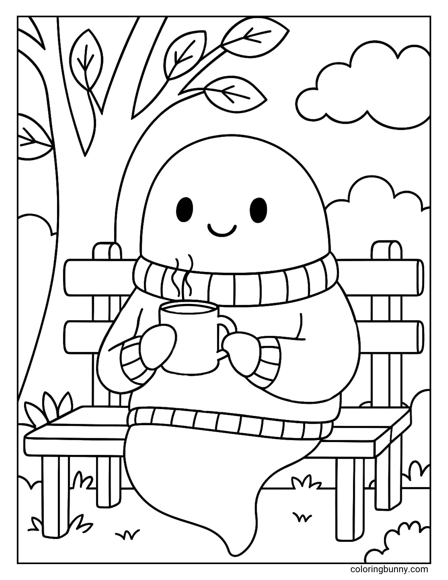 A super cozy autumn coloring sheet featuring a cute ghost sitting on a park bench. The ghost is wearing a big, chunky turtleneck jumper and is holding a steaming mug, enjoying a peaceful moment by a tree.