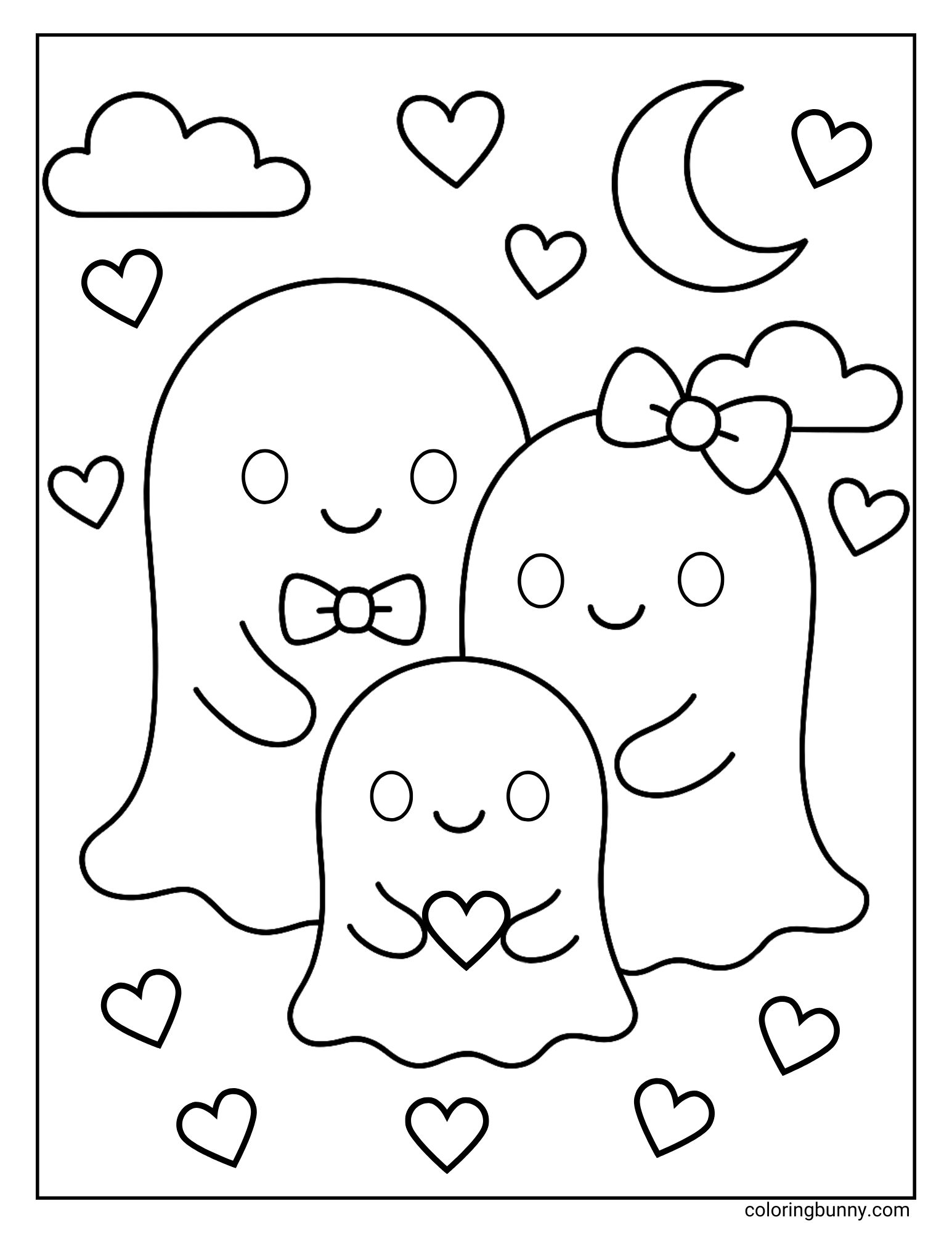 A heartwarming coloring page of a cute ghost family. The parent ghosts, one with a bow and one with a bowtie, stand behind their little ghost child, who is holding a heart. The family is surrounded by more hearts, clouds, and a crescent moon.