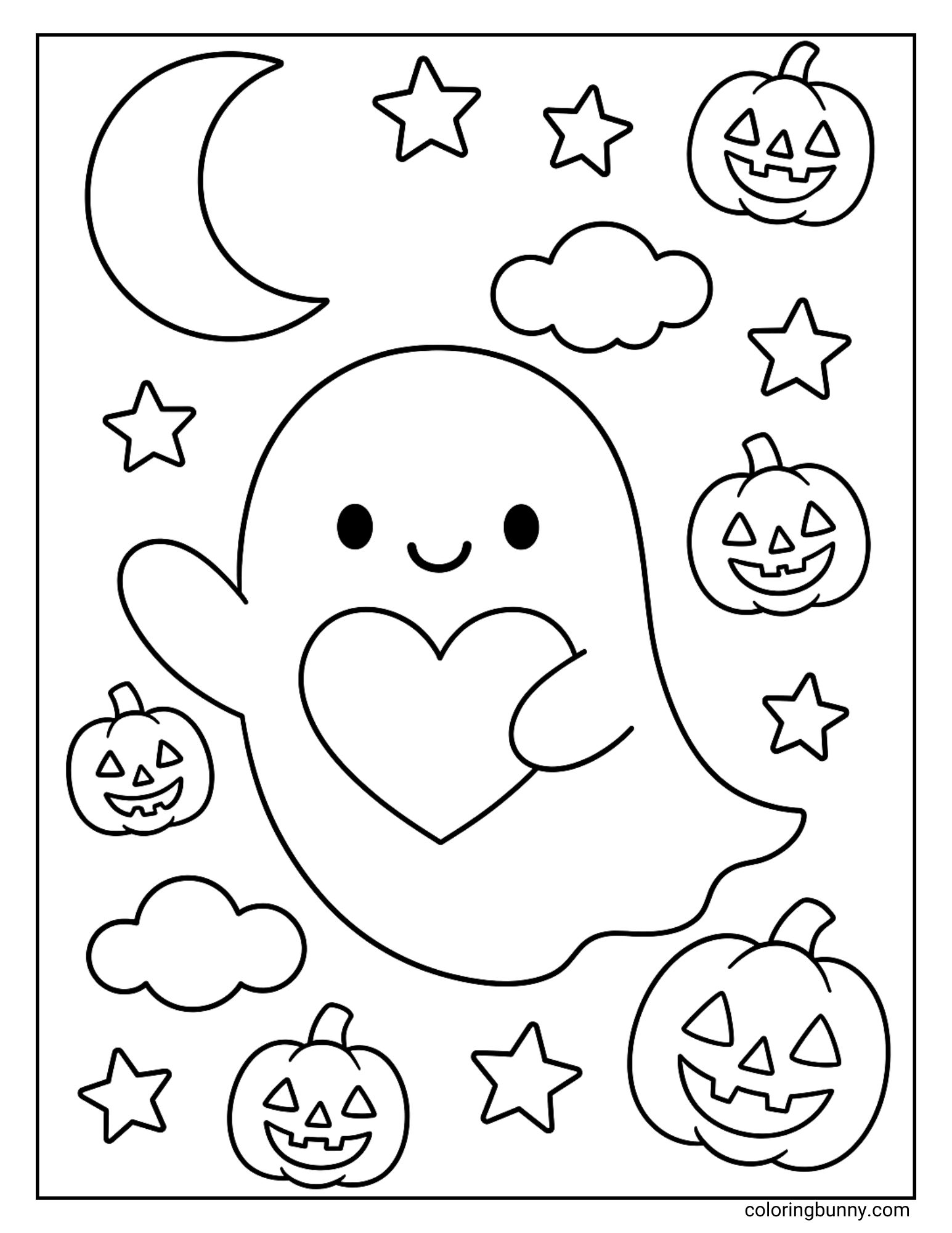 A super sweet Halloween coloring sheet featuring a large, friendly ghost holding a heart. The ghost is floating in a night sky surrounded by a crescent moon, stars, clouds, and several smiling jack-o'-lanterns.