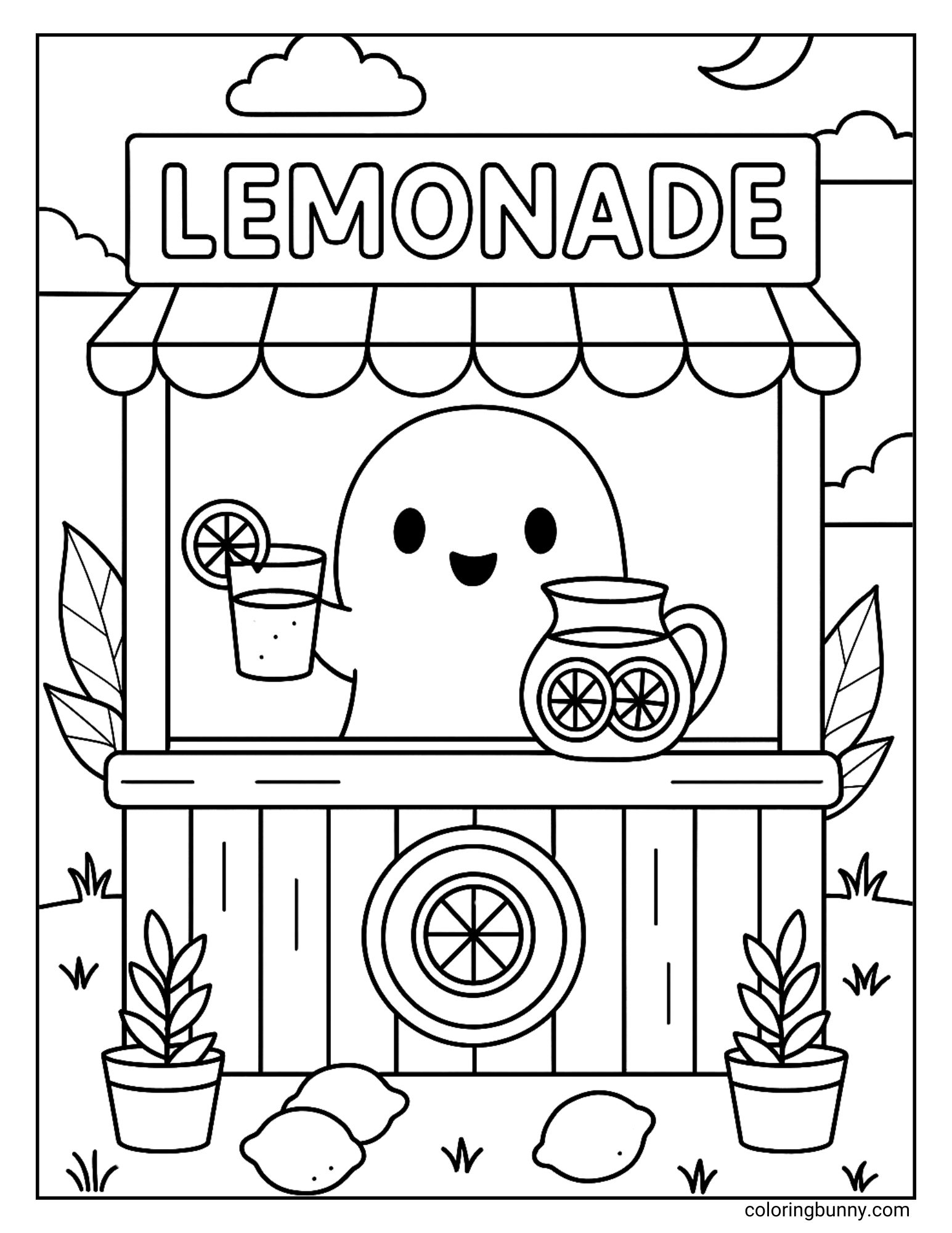 Cute ghost happily serving lemonade at a stand with a pitcher, lemons, and plants in a fun coloring page.