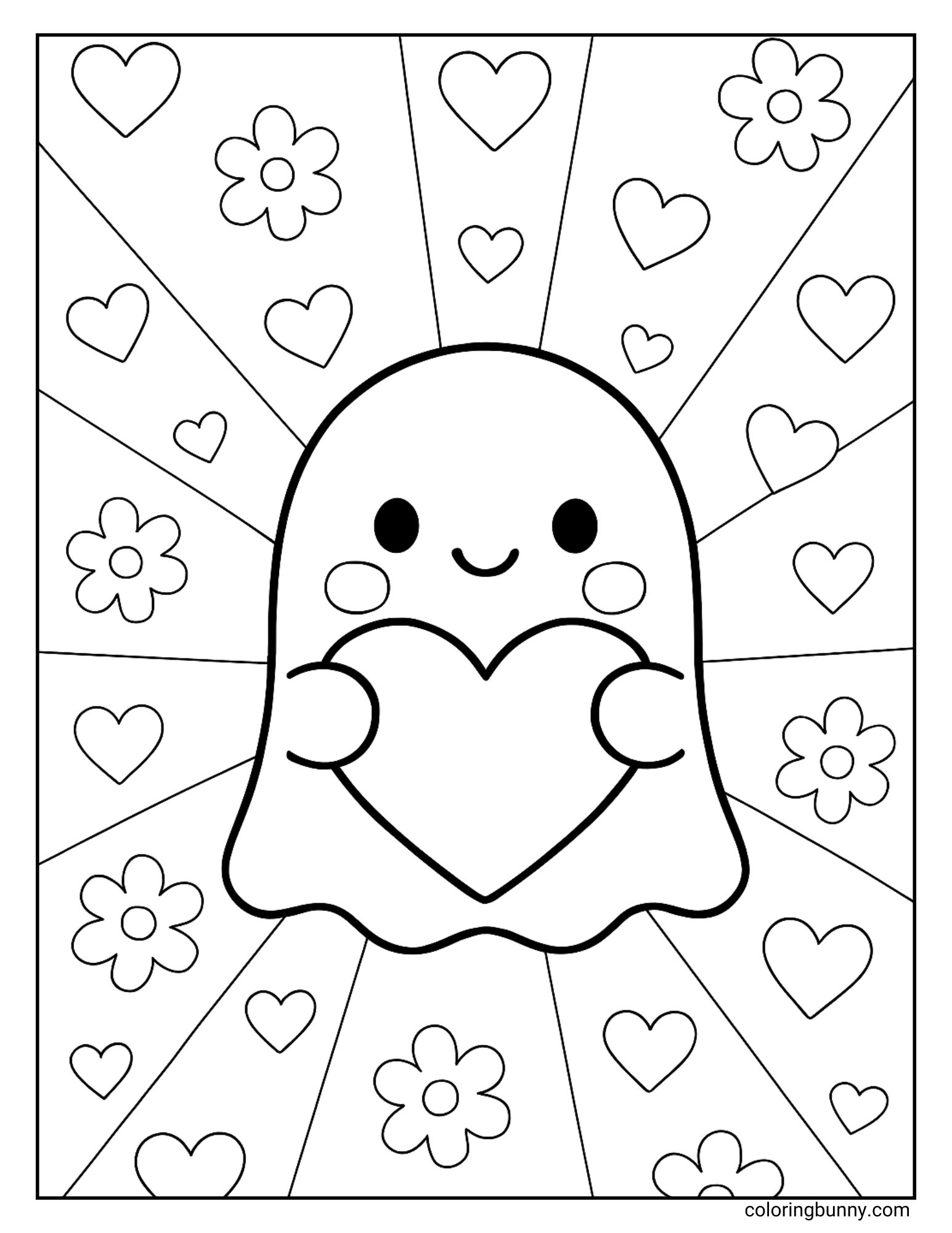 A cheerful coloring page of a kawaii-style ghost holding a large heart. The background has sun-like rays filled with a pattern of smaller hearts and flowers, radiating out from behind the ghost.