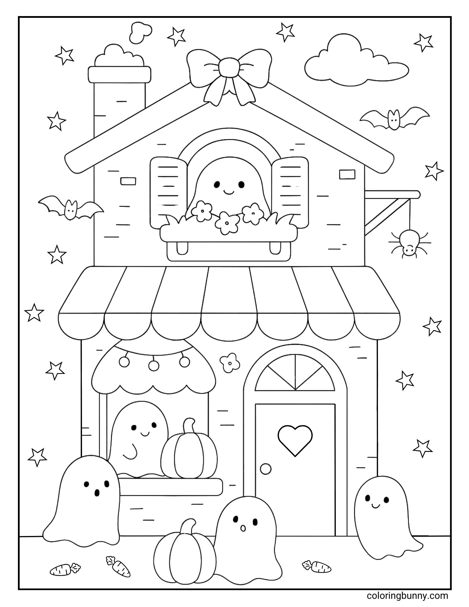 A charming coloring page of a friendly haunted house where several cute ghosts live. One ghost with a bow waves from a flower box on the top floor, while others float around the entrance. The house is decorated with pumpkins, fairy lights, and a door with a heart-shaped window.