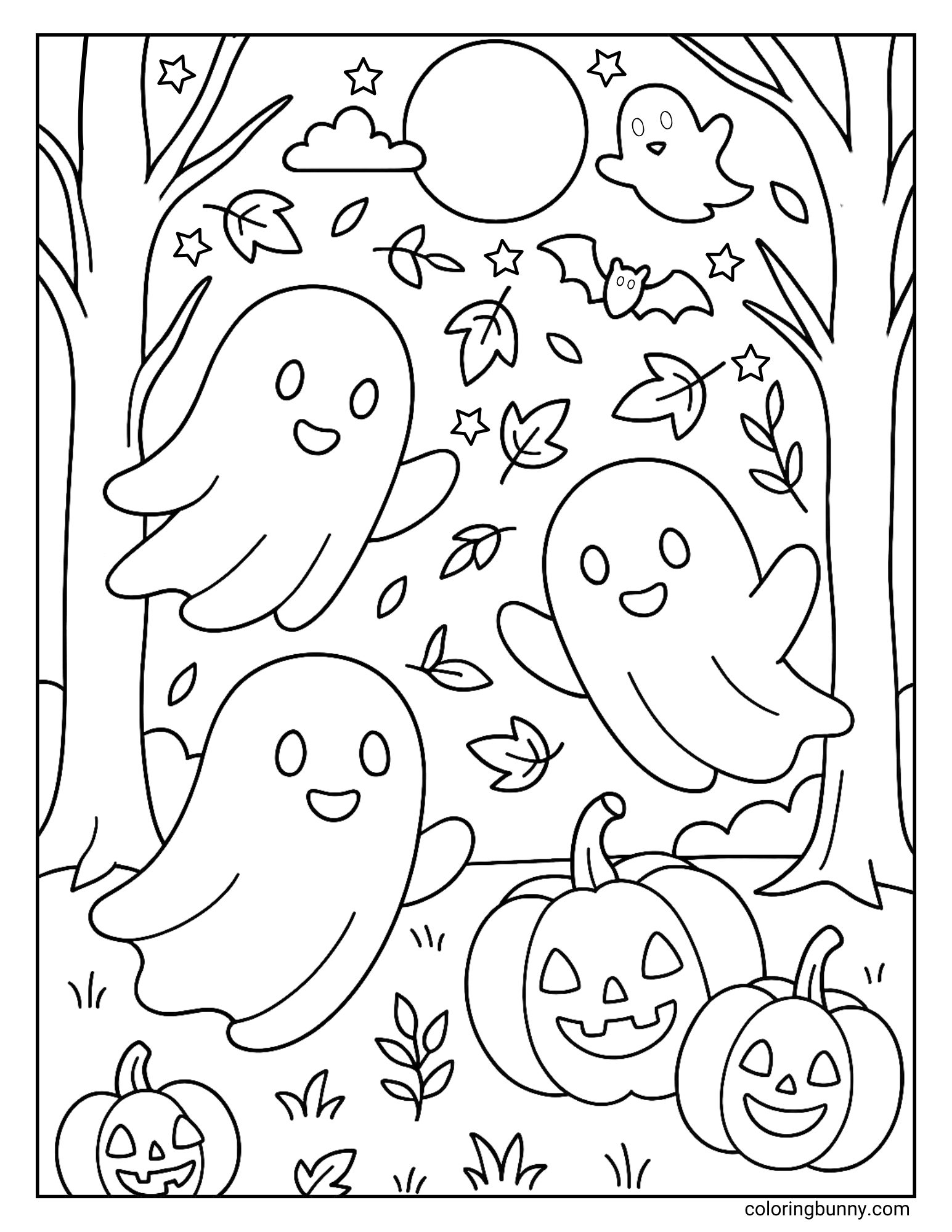 Fall coloring page of four ghosts in a forest at night with jack-o’-lanterns, bats, trees, falling leaves, stars, and the moon.