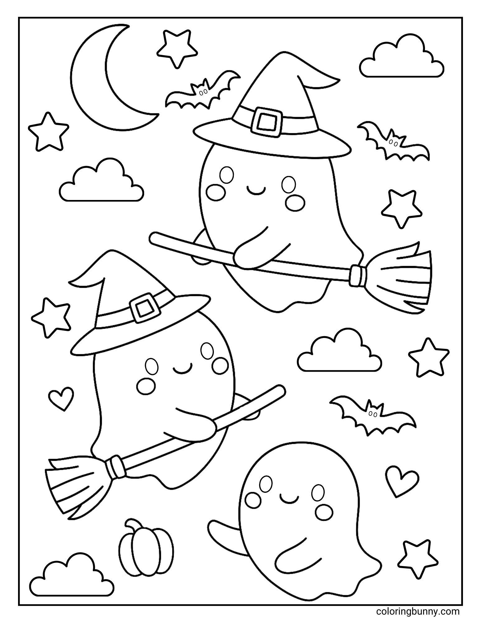 Fun Halloween coloring page of three cute ghosts, two riding broomsticks with witch hats and one floating, surrounded by bats, stars, hearts, clouds, a pumpkin, and a crescent moon.