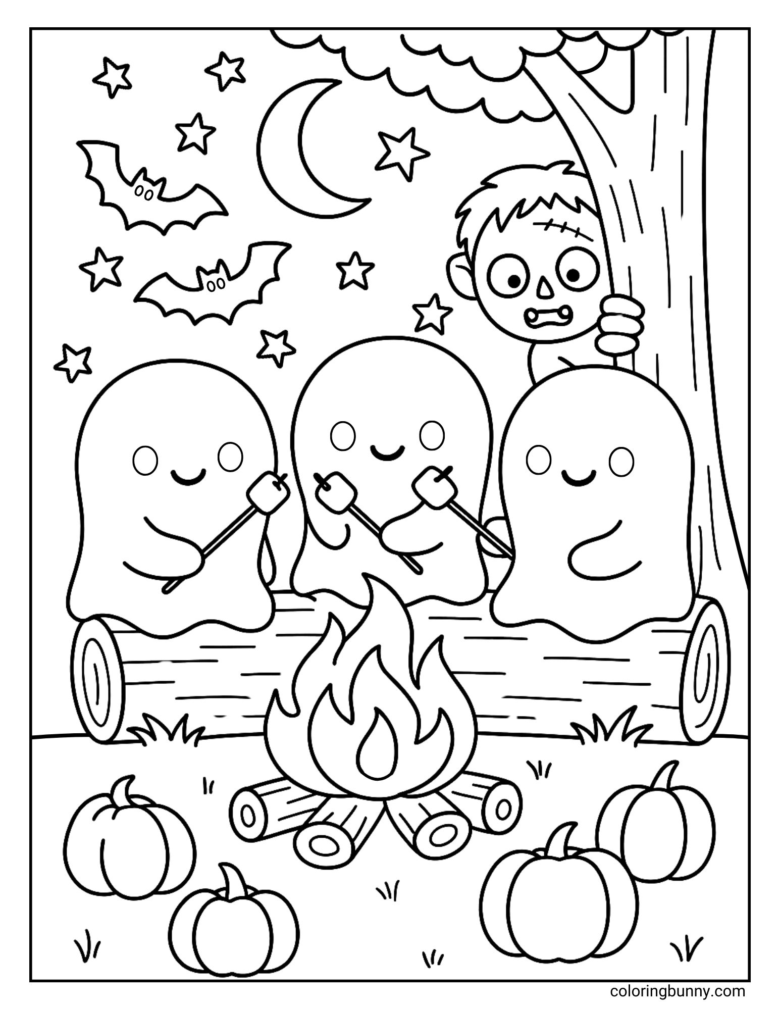Three cheerful ghosts sitting on a log roasting marshmallows over a campfire, with pumpkins on the ground, bats flying, stars and a crescent moon in the sky, and a friendly monster peeking from behind a tree, Halloween coloring page.
