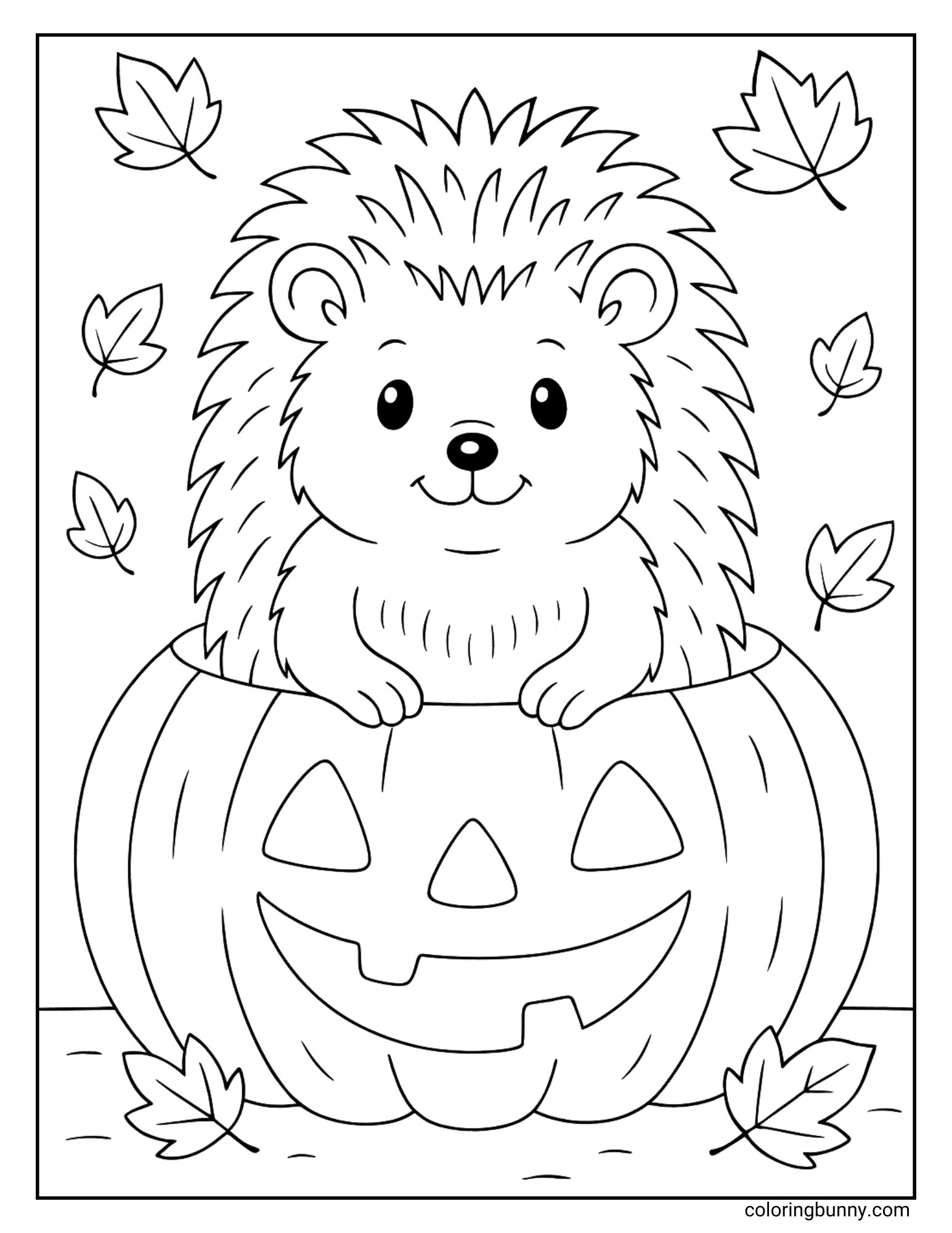 A cute hedgehog is smiling as it pops out of the top of a carved jack-o'-lantern, with autumn leaves falling in the background of this fun coloring page of a Halloween scene.