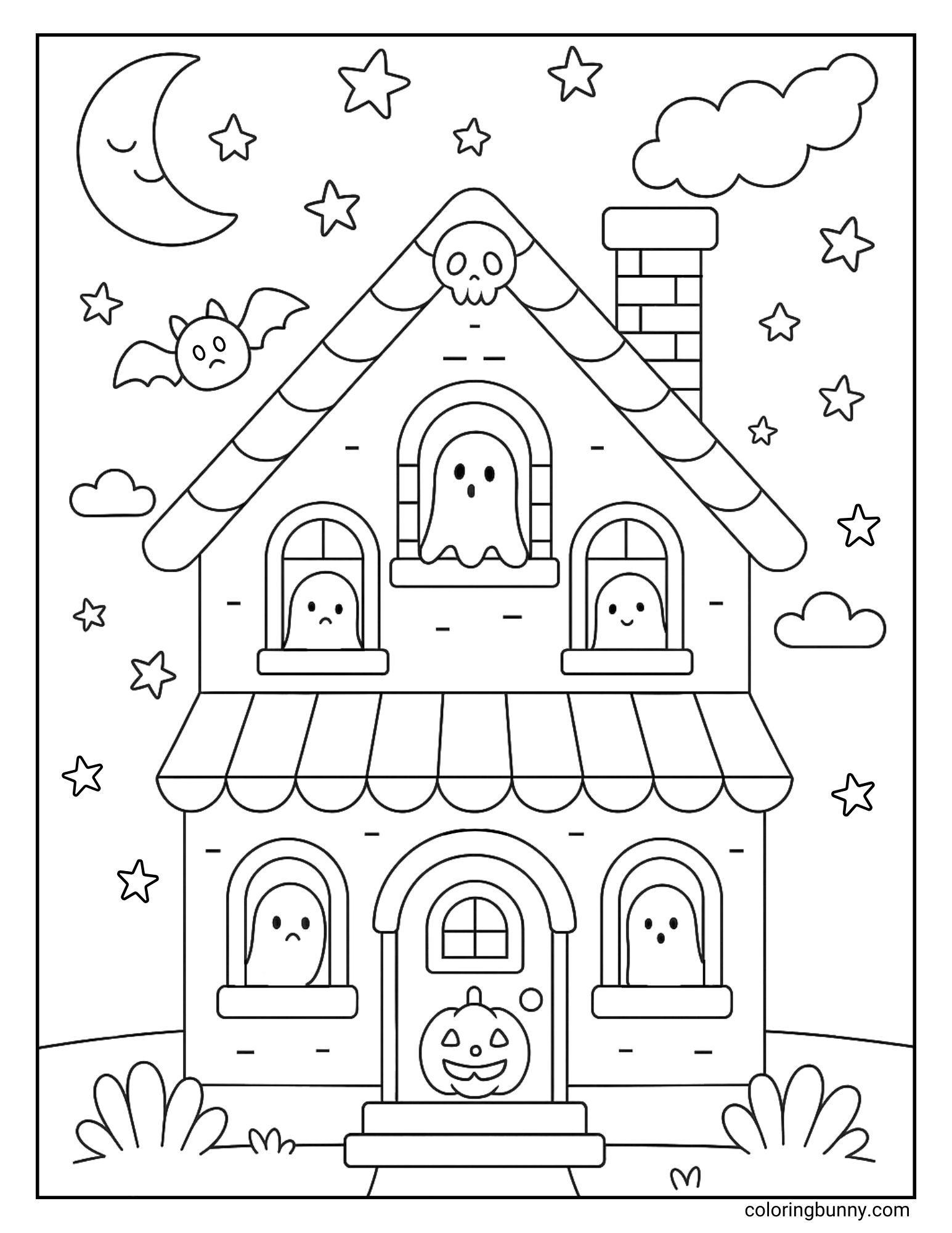 Cute haunted house coloring page with smiling ghosts in windows, a jack-o’-lantern at the door, bats, stars, and a crescent moon in the sky.