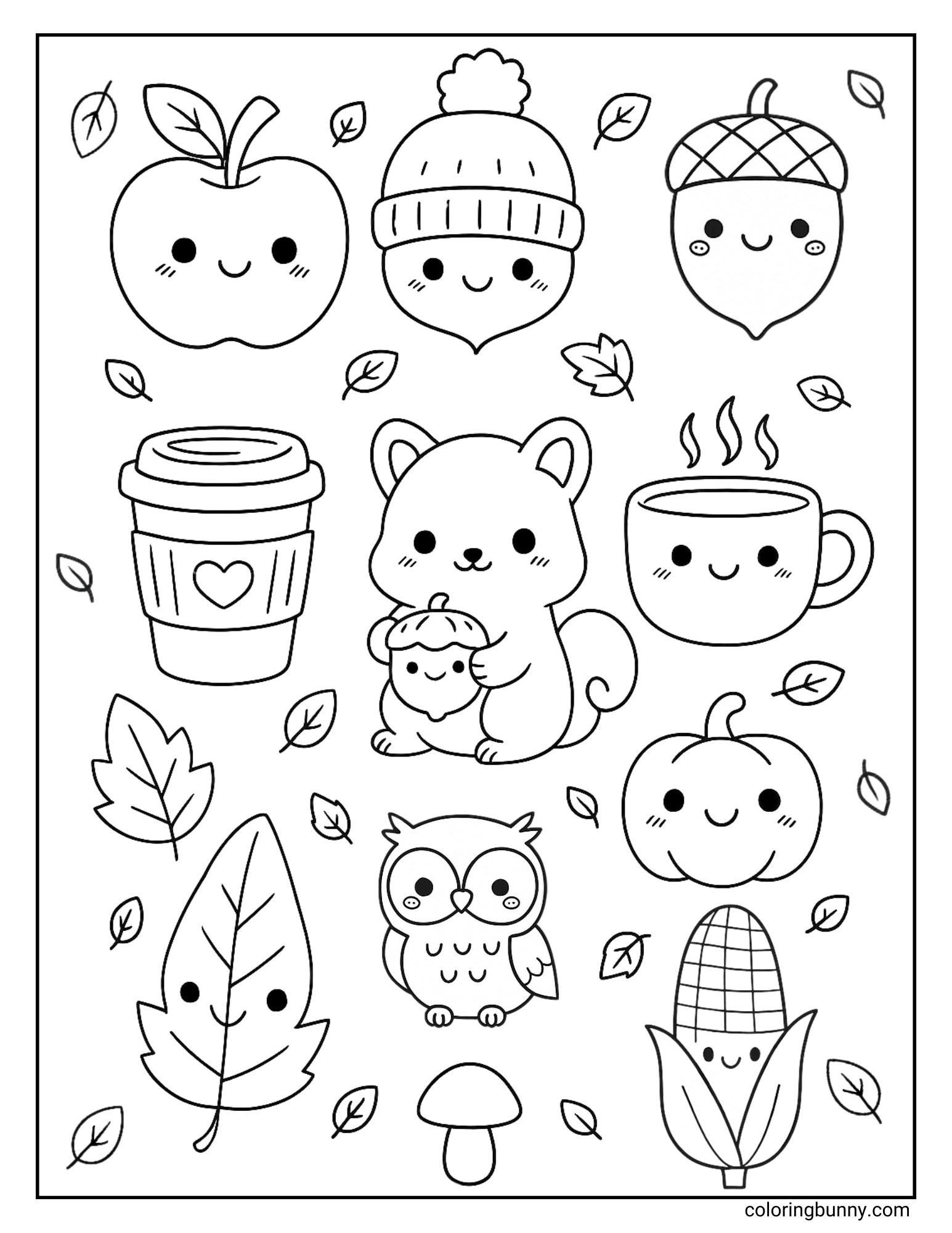 Cute kawaii fall characters including squirrel, acorn, apple, pumpkin, cocoa cup, owl, corn, and leaves in a fun autumn coloring page.