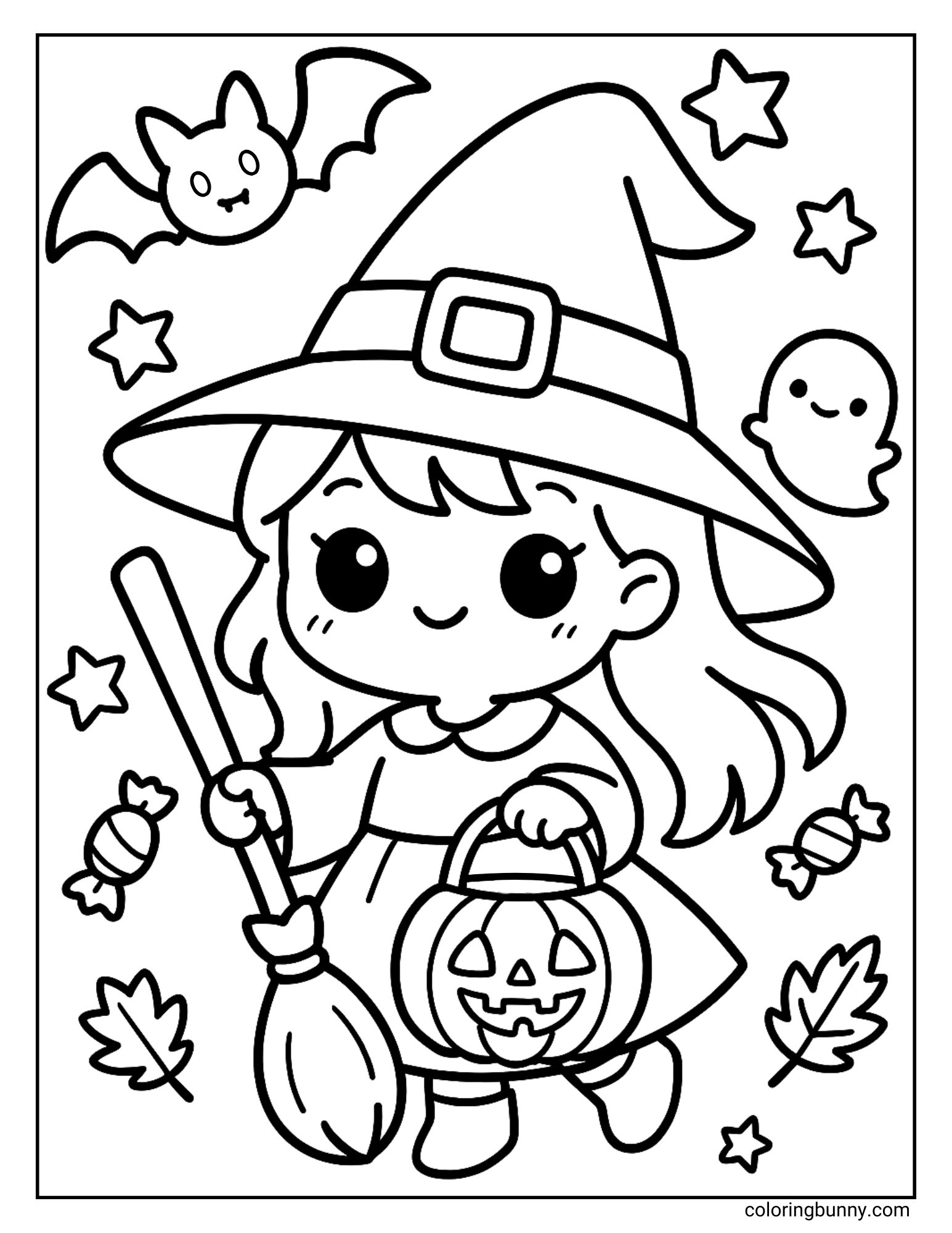 A super cute kawaii-style Halloween coloring sheet featuring a little witch with big eyes. She is holding a broomstick and a jack-o'-lantern pail, surrounded by a friendly ghost, a bat, sweets, and stars.