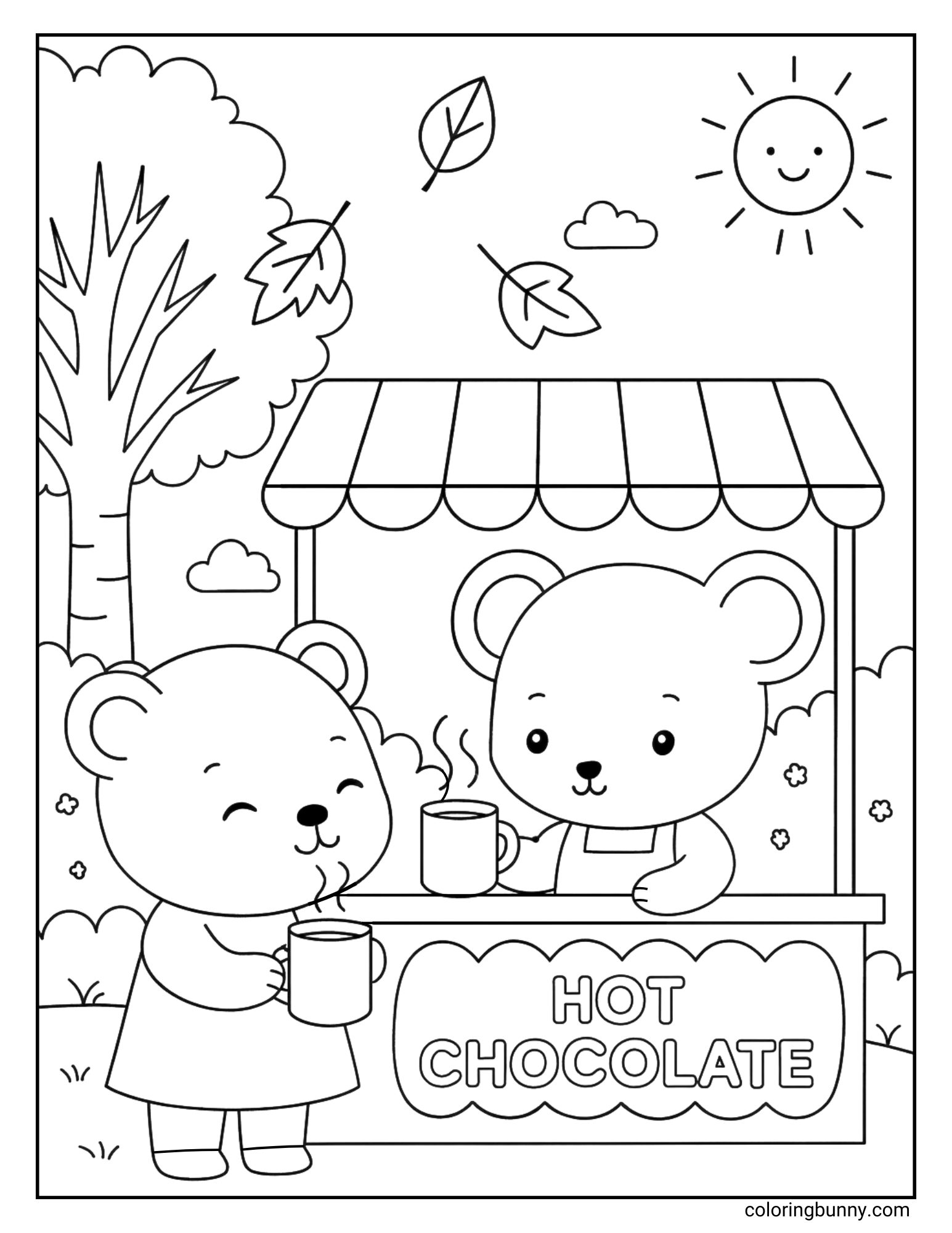 A lovely autumn coloring sheet where one cute mouse serves a steaming mug of hot chocolate from a stand to another mouse. The stand says 'Hot Chocolate', and the scene is set in a park under a smiling sun with falling leaves.